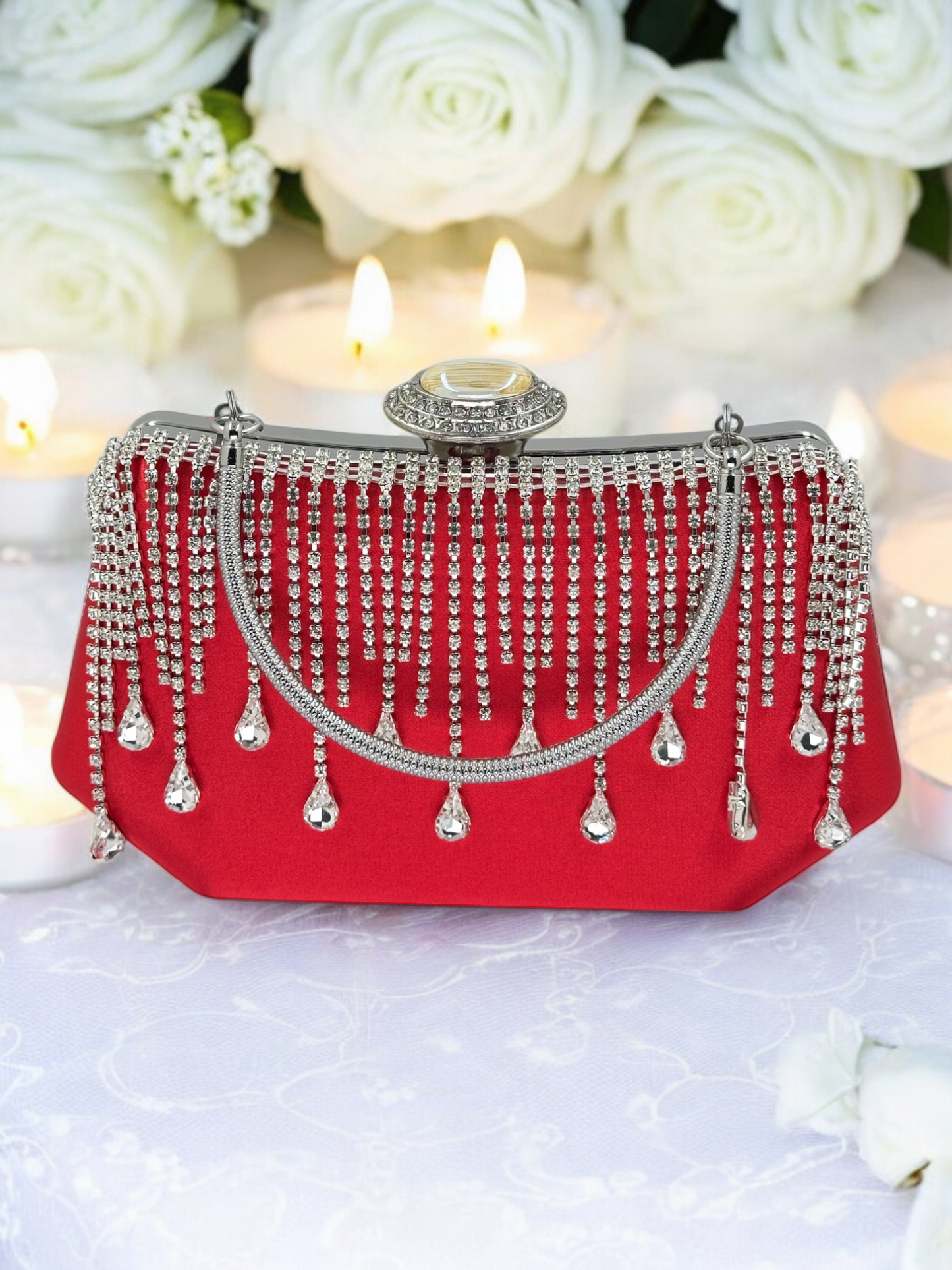 Swarovski Taşlı İnci Detaylı Lüks Saten Abiye Çanta