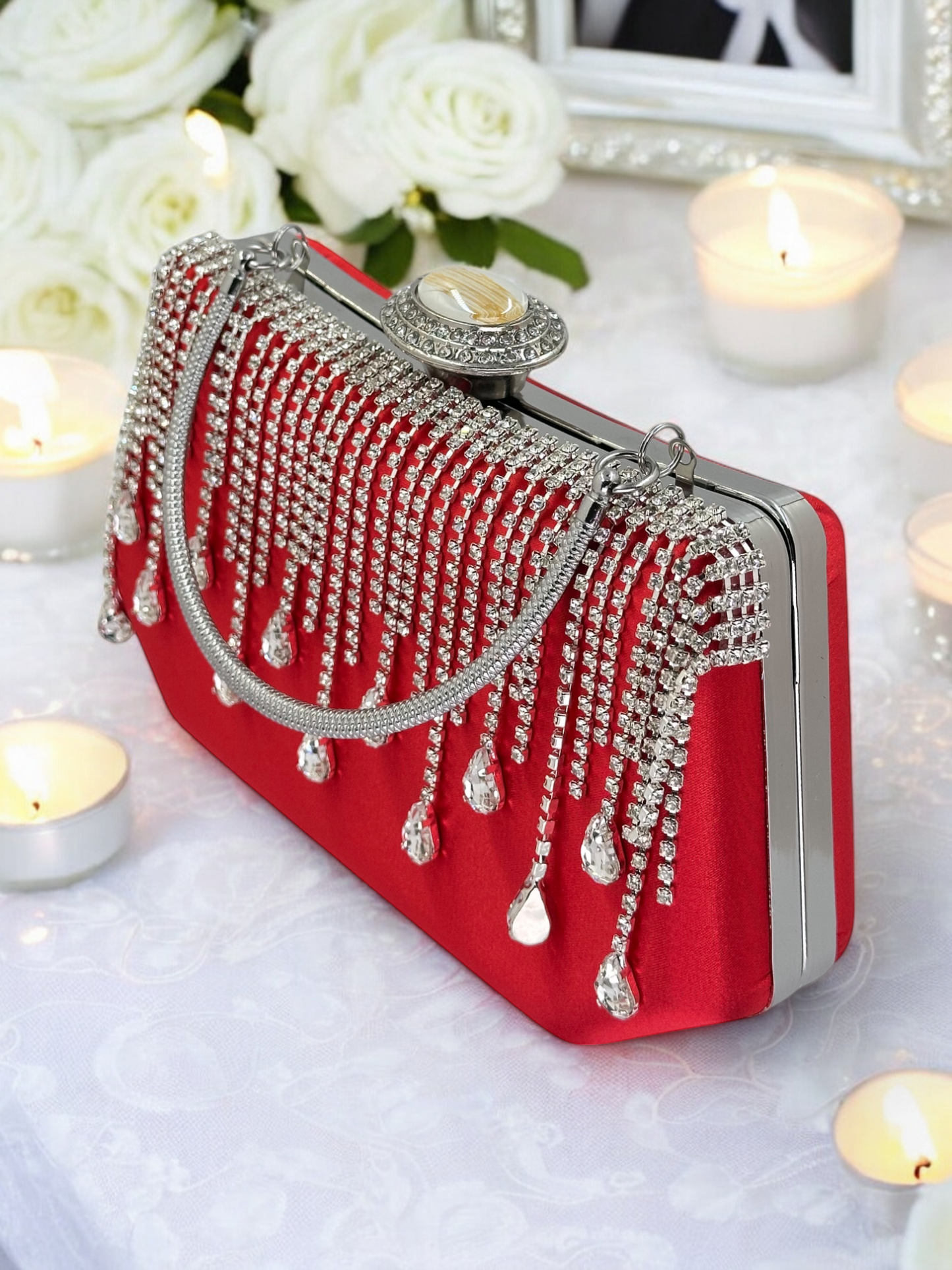 Swarovski Taşlı İnci Detaylı Lüks Saten Abiye Çanta