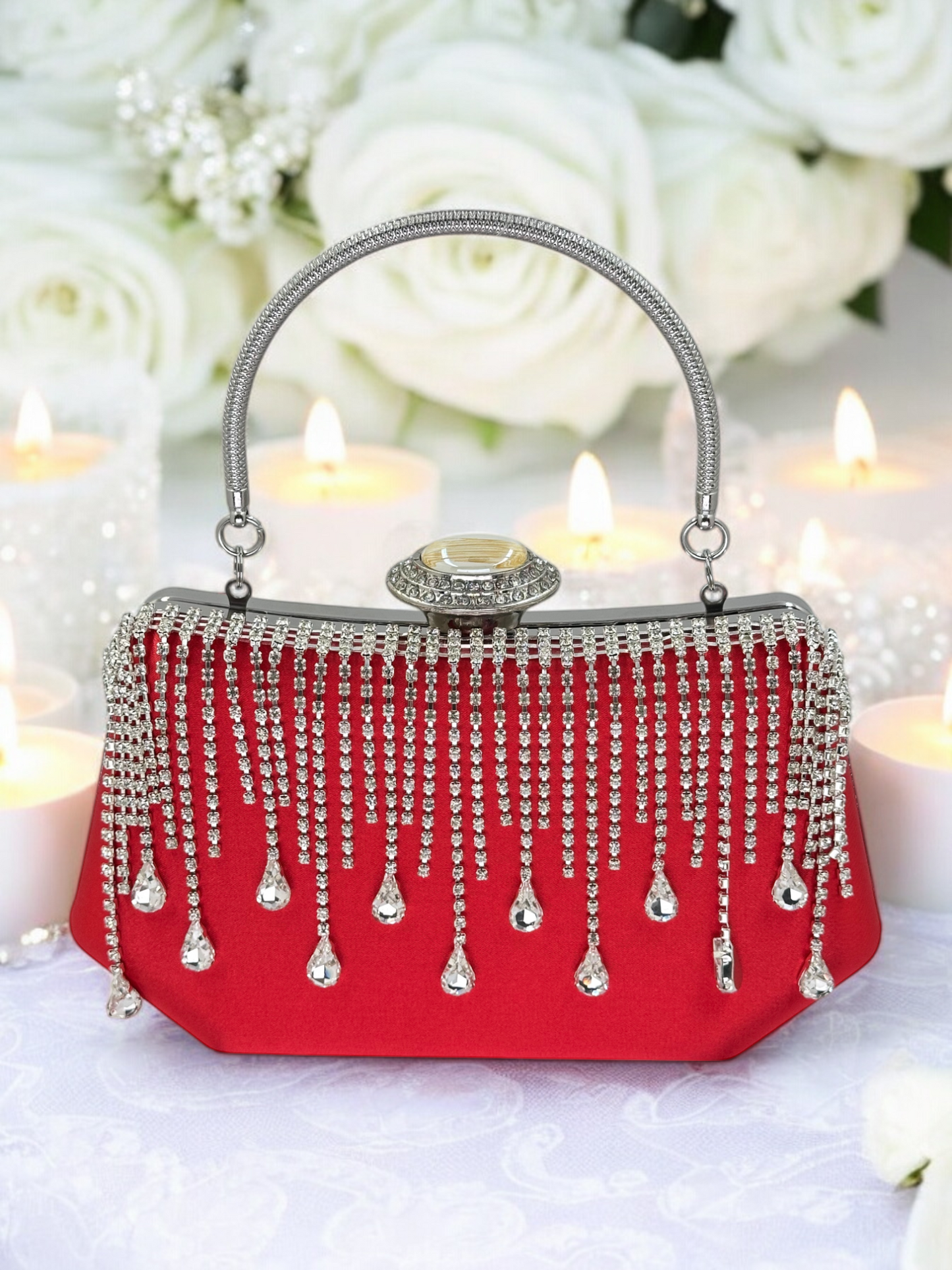 Swarovski Taşlı İnci Detaylı Lüks Saten Abiye Çanta