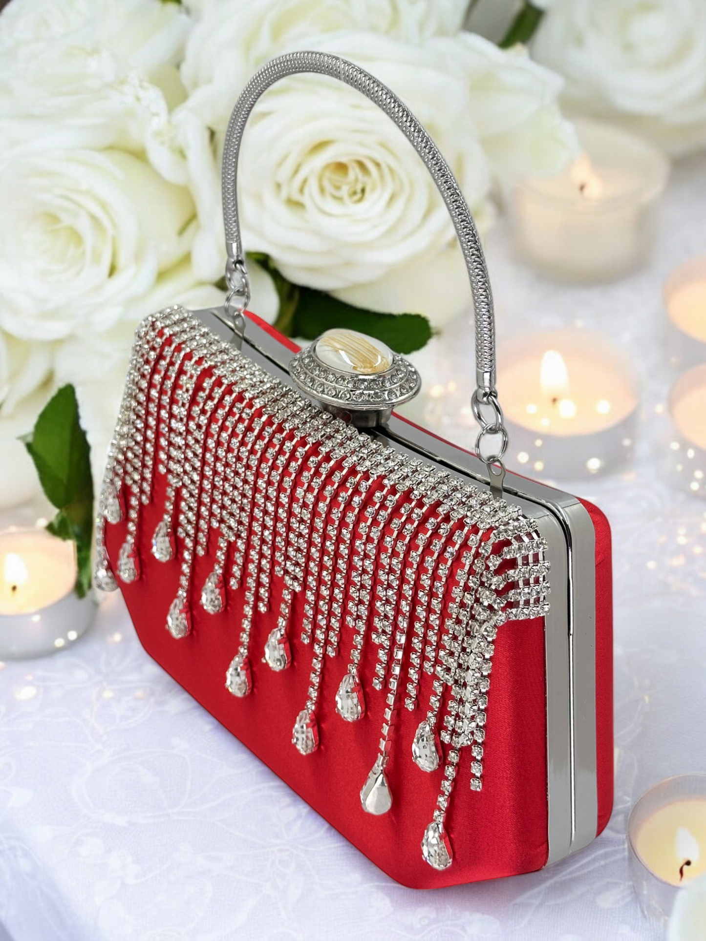 Swarovski Taşlı İnci Detaylı Lüks Saten Abiye Çanta