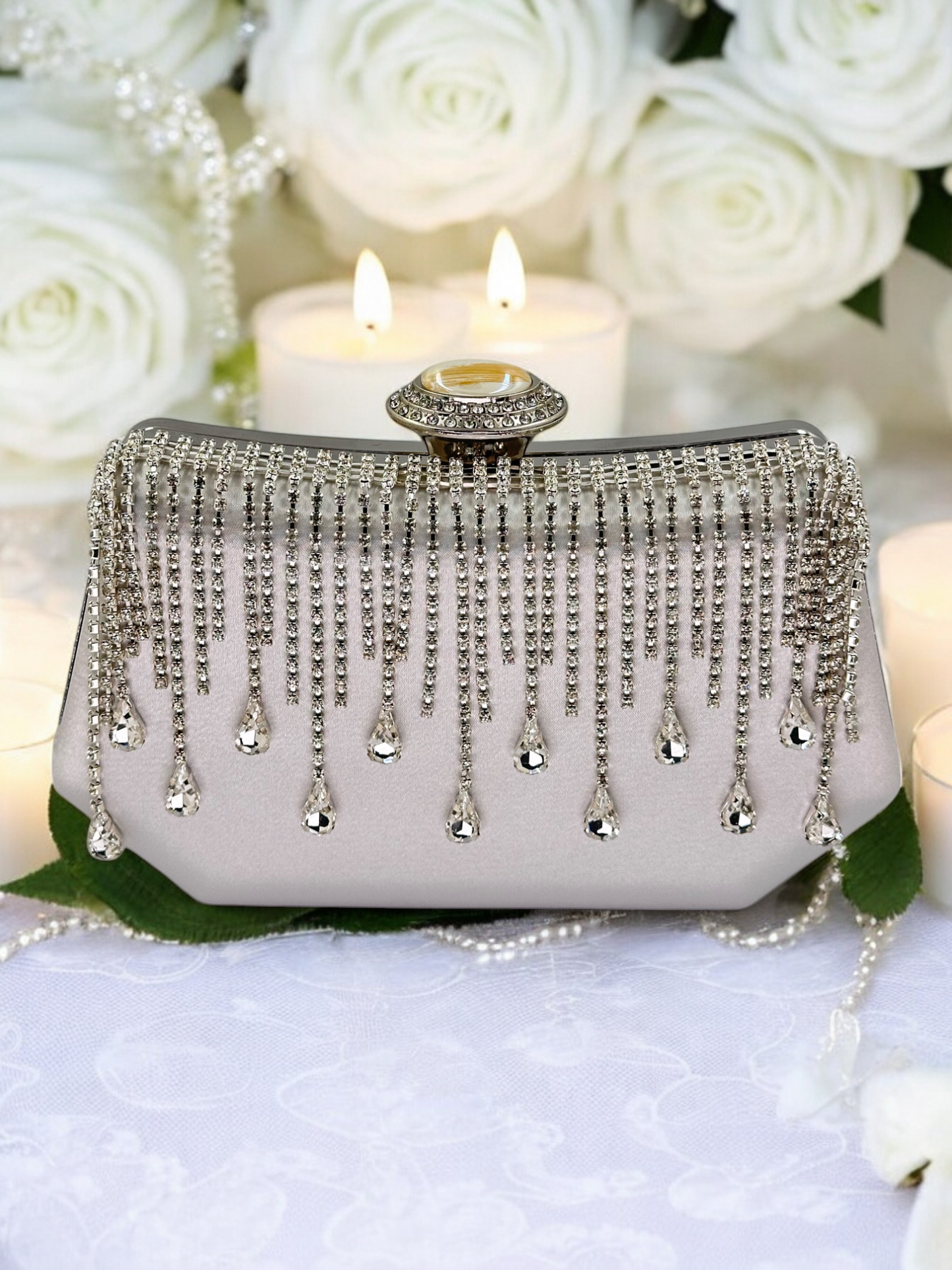 Swarovski Taşlı İnci Detaylı Lüks Saten Abiye Çanta