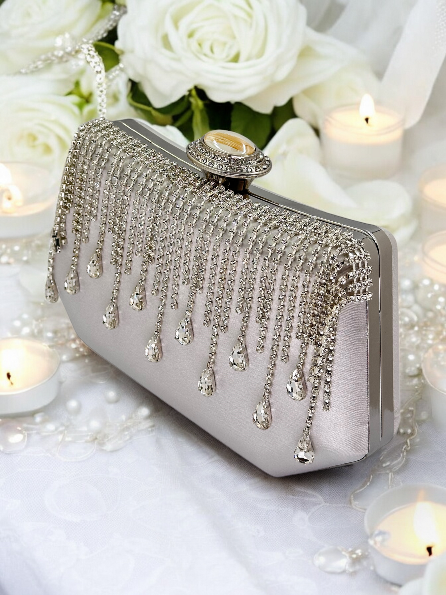 Swarovski Taşlı İnci Detaylı Lüks Saten Abiye Çanta