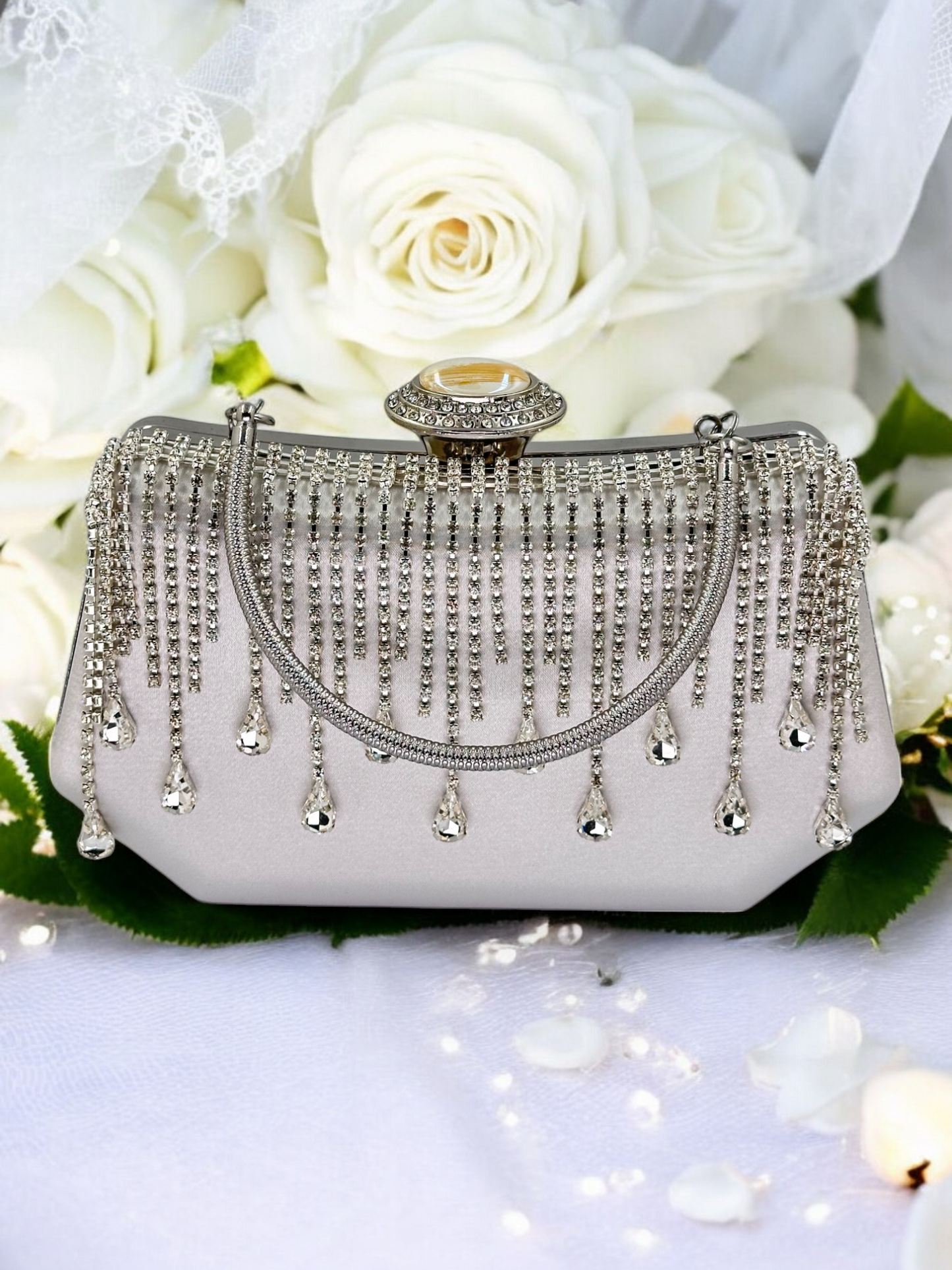 Swarovski Taşlı İnci Detaylı Lüks Saten Abiye Çanta