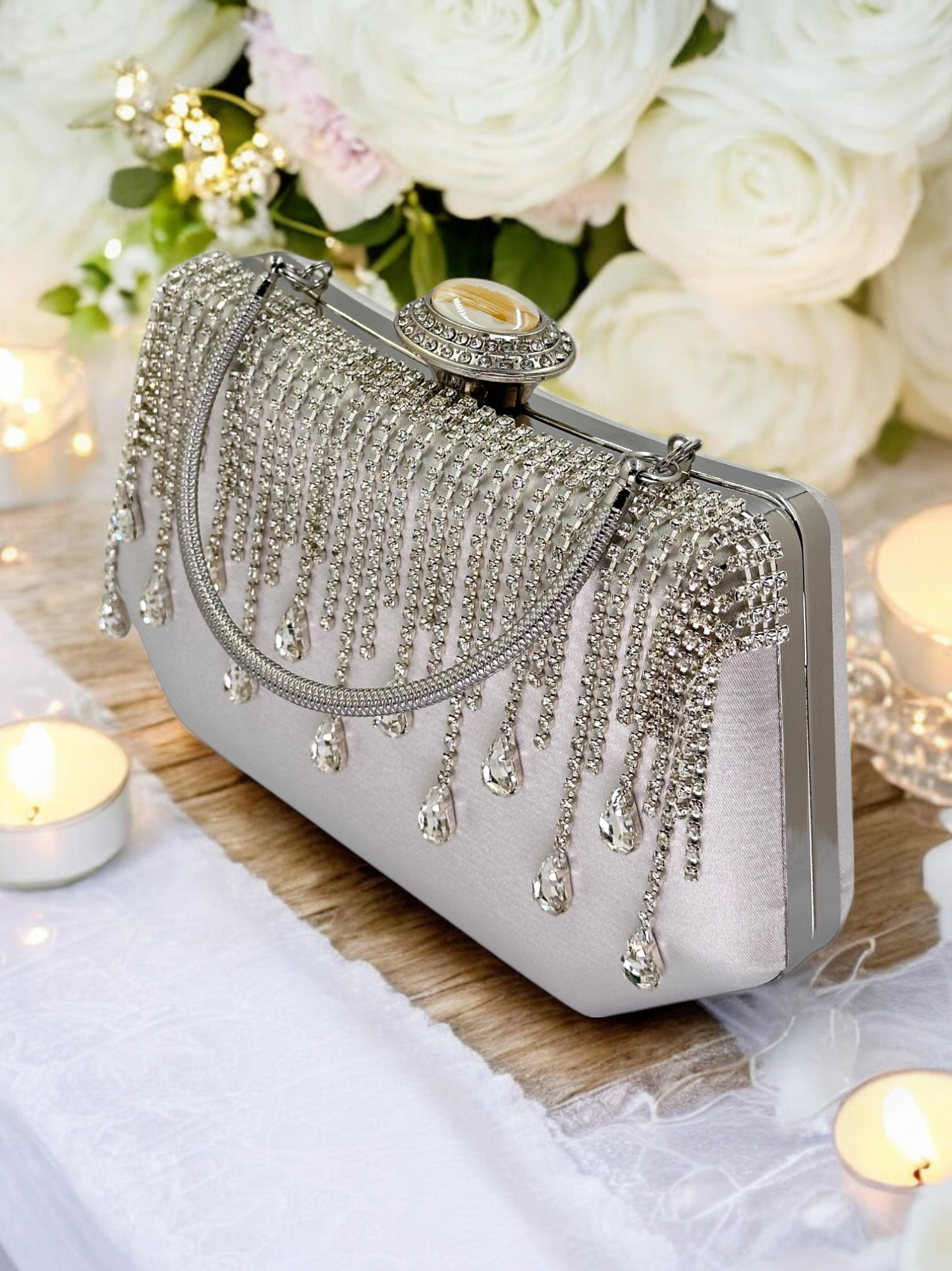 Swarovski Taşlı İnci Detaylı Lüks Saten Abiye Çanta