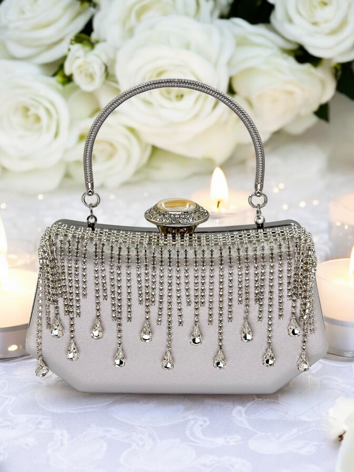 Swarovski Taşlı İnci Detaylı Lüks Saten Abiye Çanta