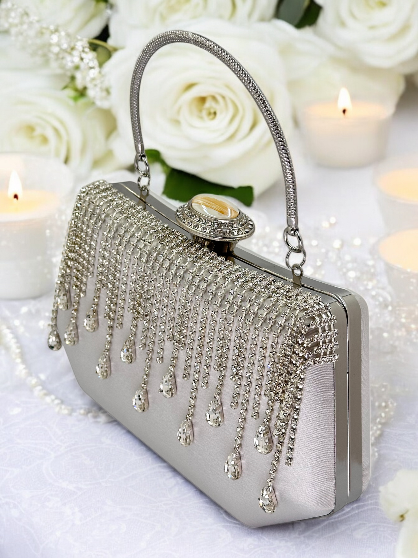 Swarovski Taşlı İnci Detaylı Lüks Saten Abiye Çanta