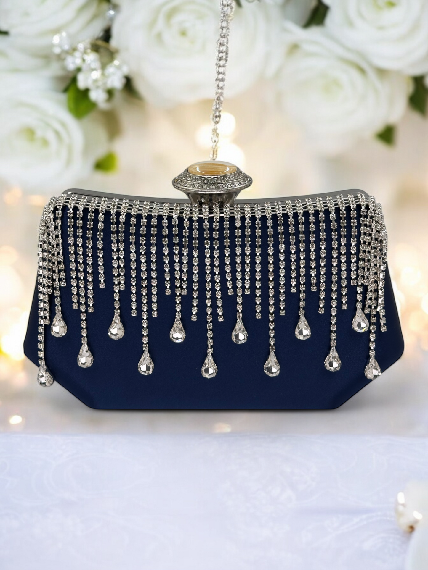 Swarovski Taşlı İnci Detaylı Lüks Saten Abiye Çanta