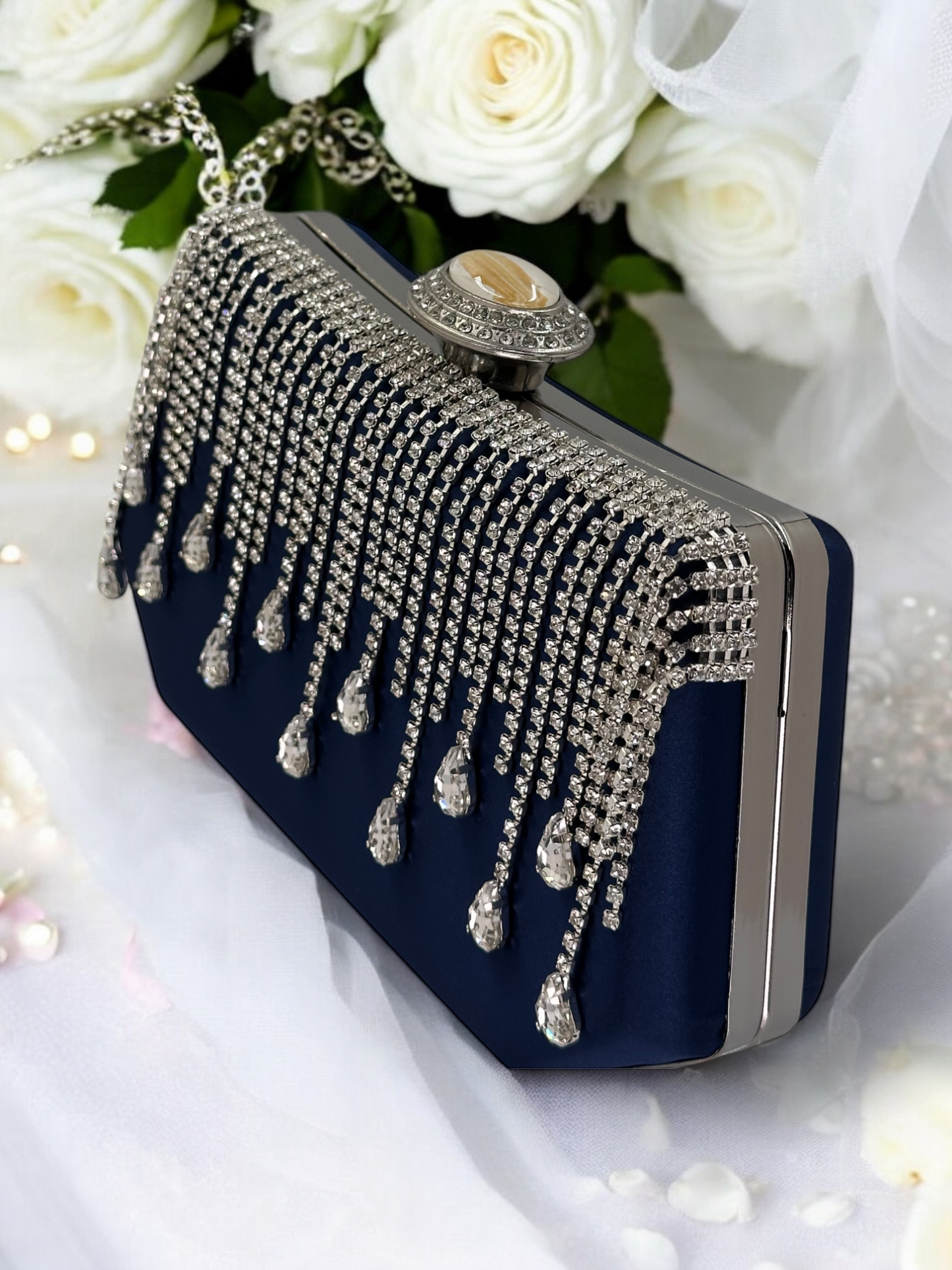 Swarovski Taşlı İnci Detaylı Lüks Saten Abiye Çanta