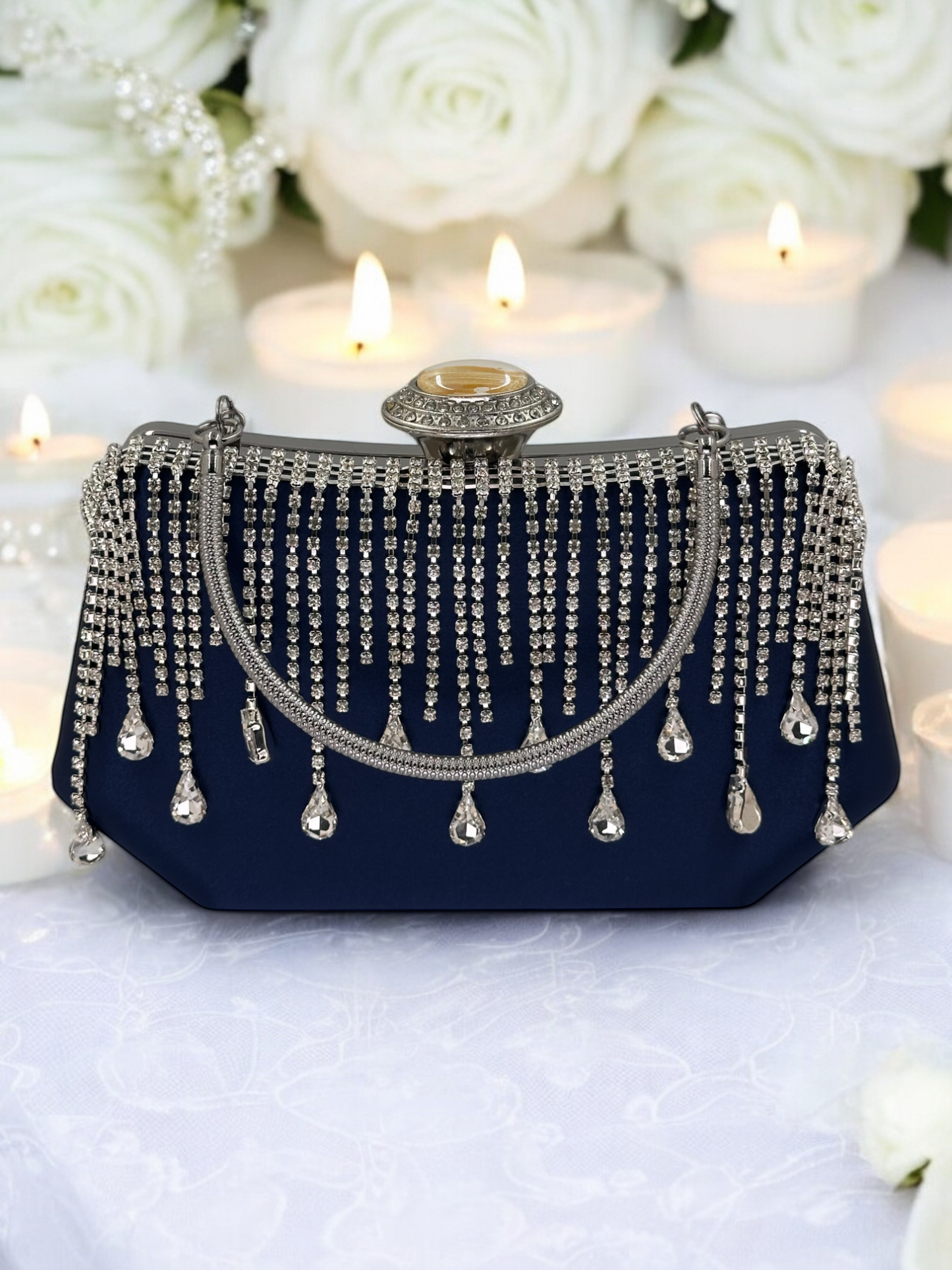 Swarovski Taşlı İnci Detaylı Lüks Saten Abiye Çanta