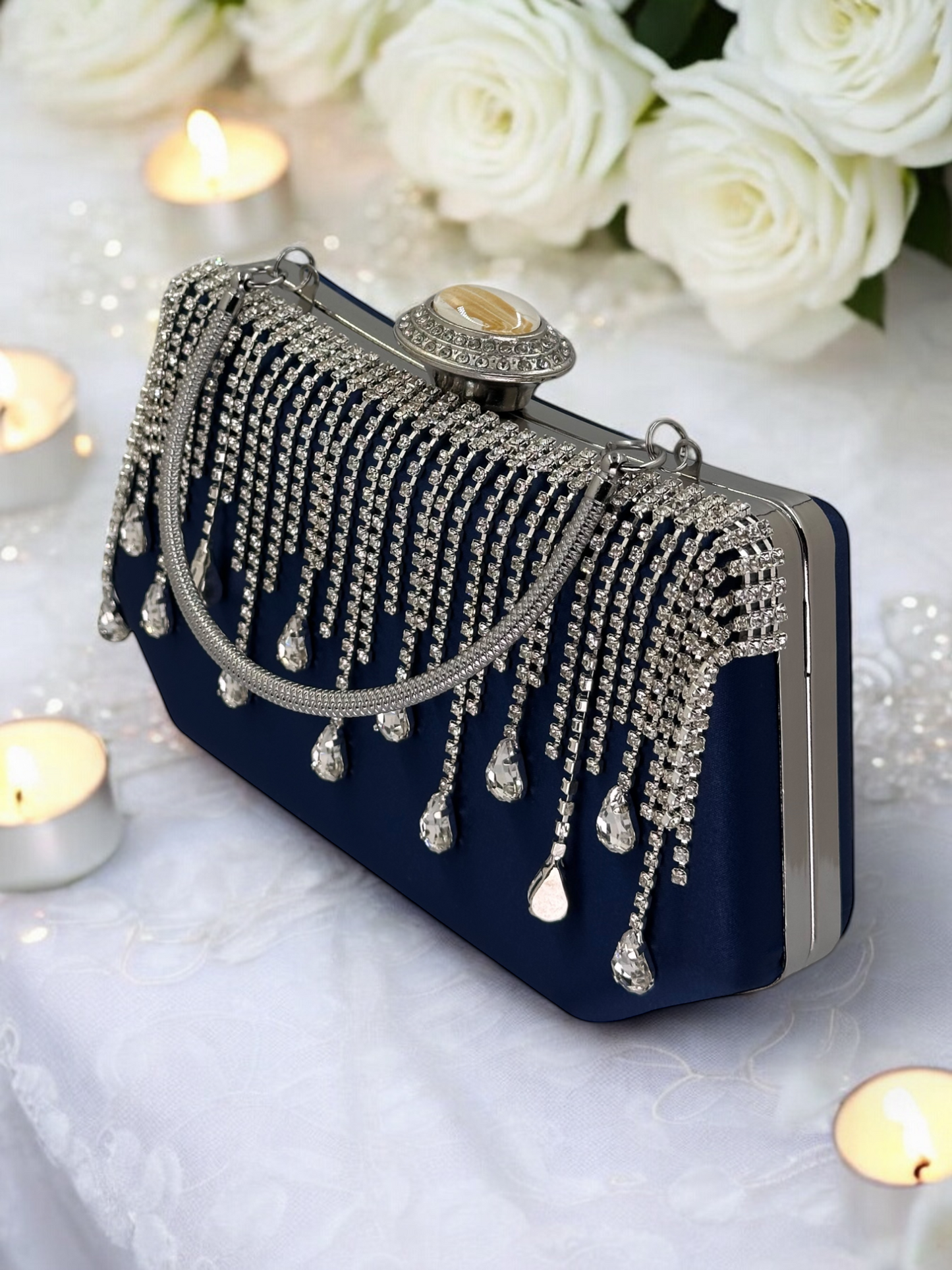 Swarovski Taşlı İnci Detaylı Lüks Saten Abiye Çanta