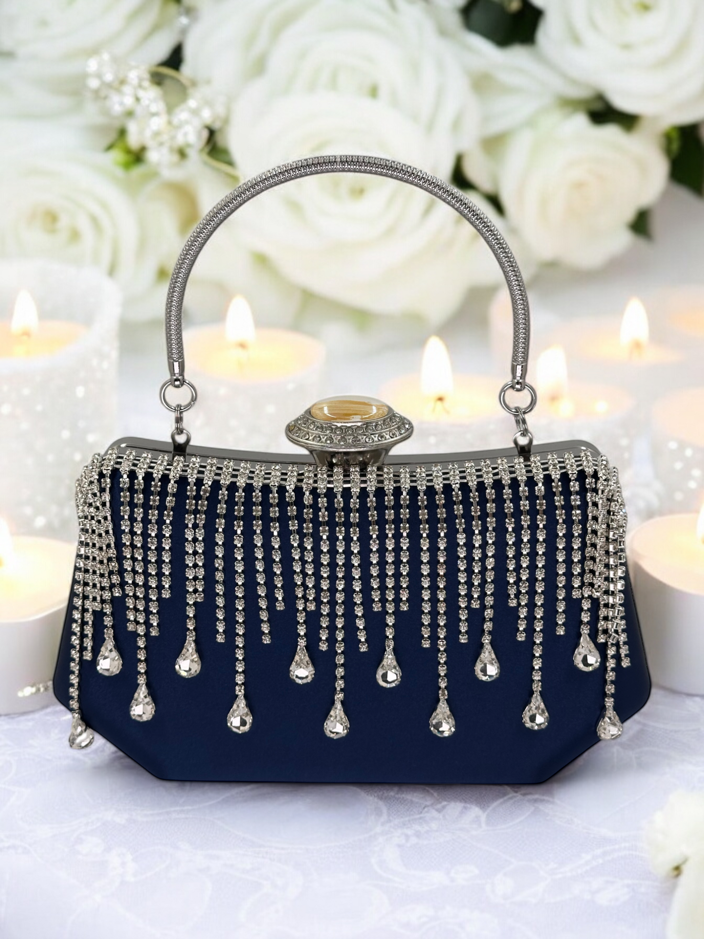 Swarovski Taşlı İnci Detaylı Lüks Saten Abiye Çanta