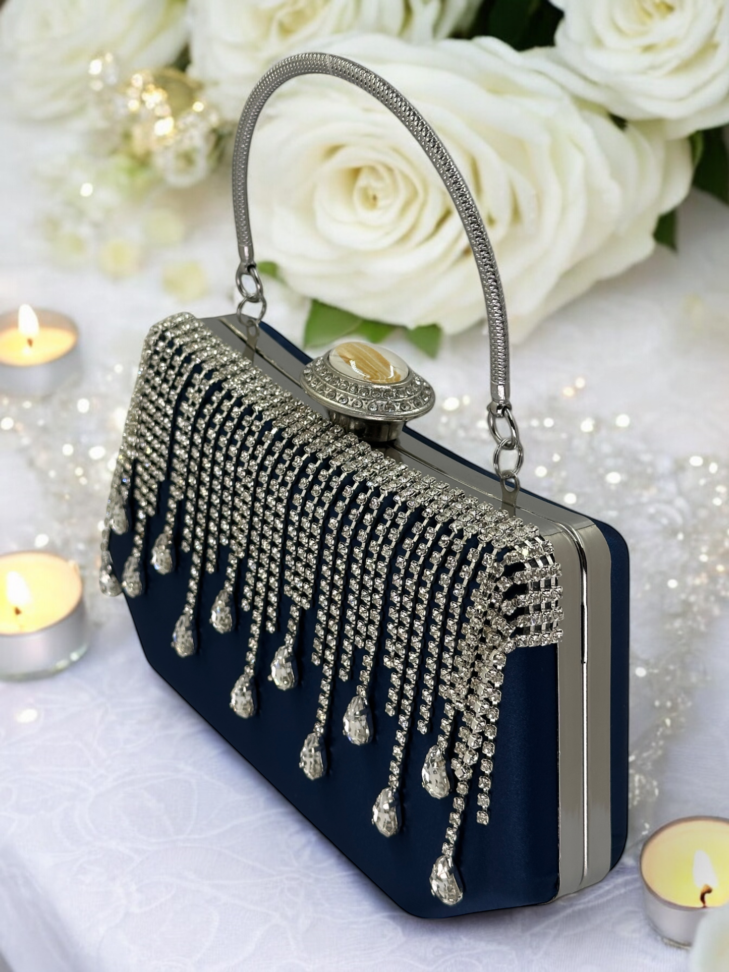 Swarovski Taşlı İnci Detaylı Lüks Saten Abiye Çanta