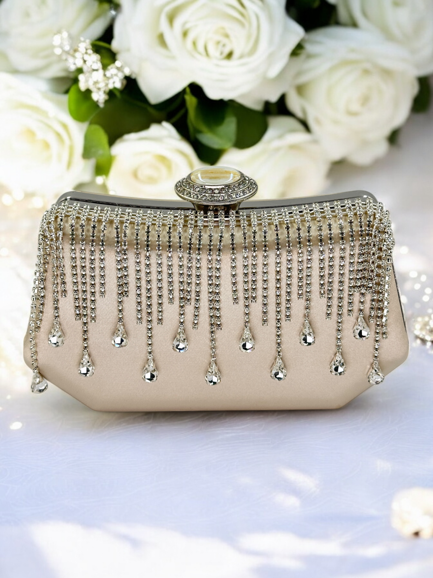 Swarovski Taşlı İnci Detaylı Lüks Saten Abiye Çanta