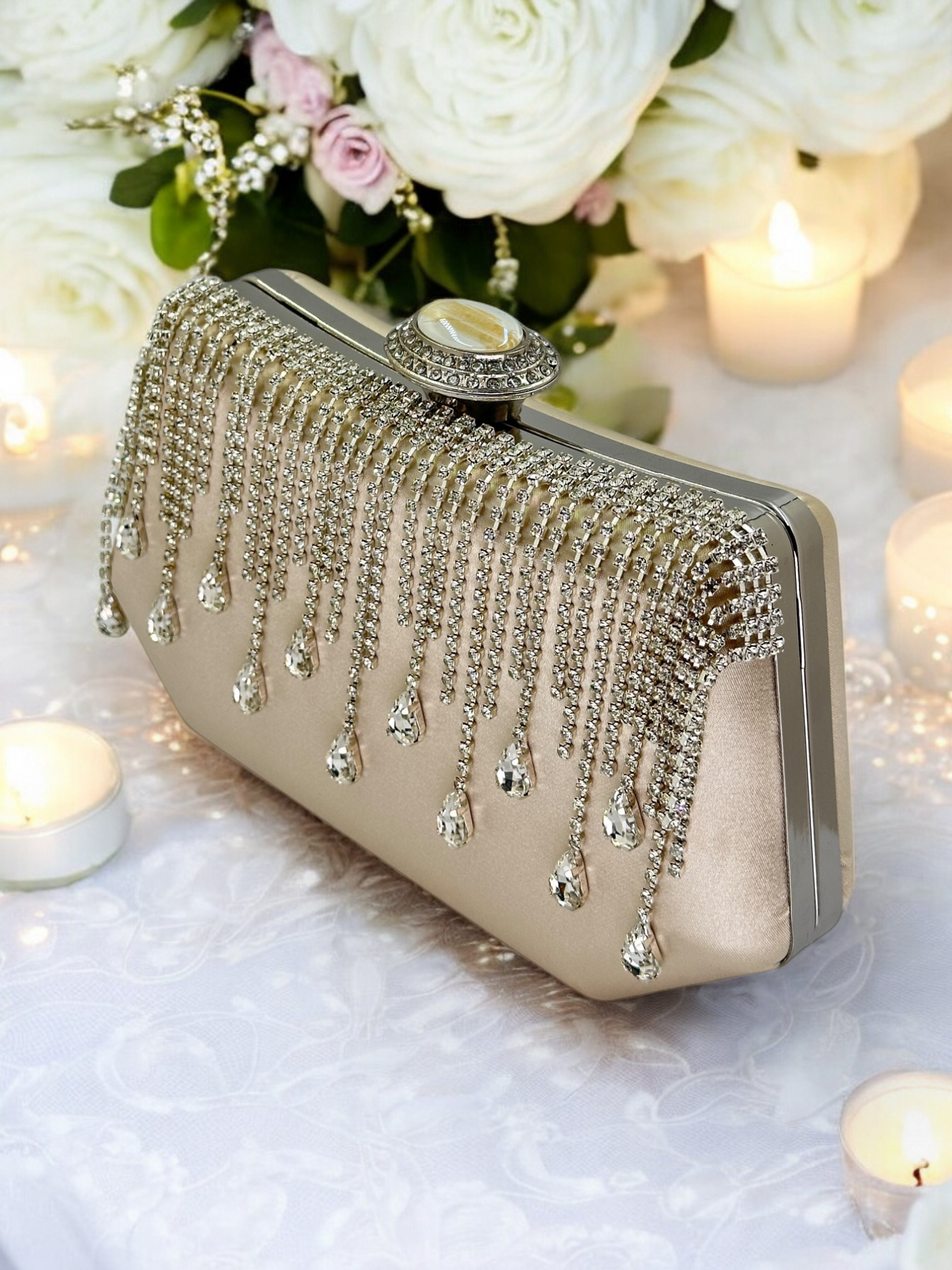 Swarovski Taşlı İnci Detaylı Lüks Saten Abiye Çanta