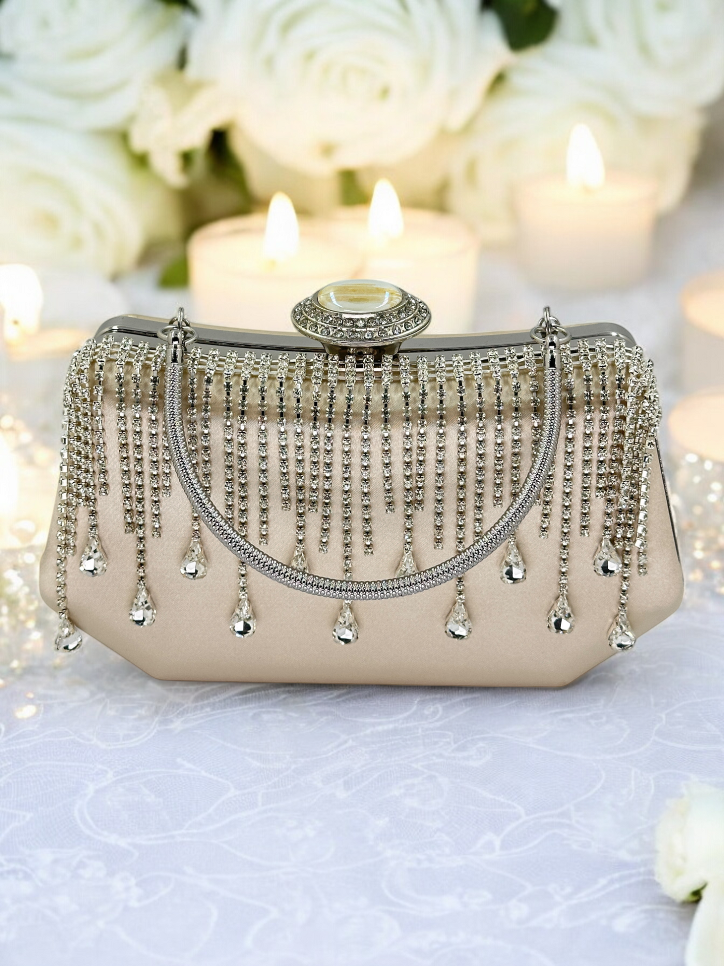 Swarovski Taşlı İnci Detaylı Lüks Saten Abiye Çanta