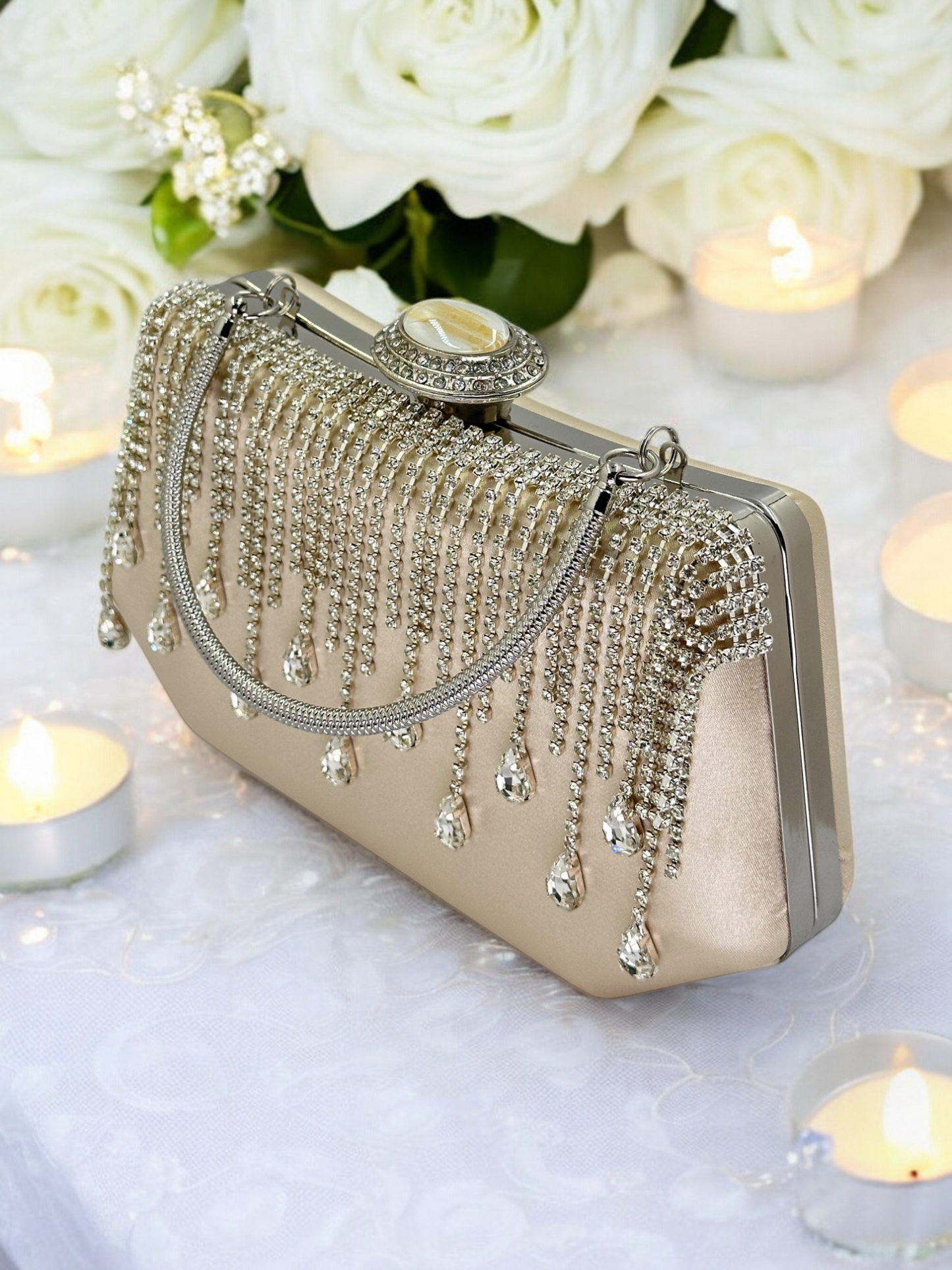 Swarovski Taşlı İnci Detaylı Lüks Saten Abiye Çanta