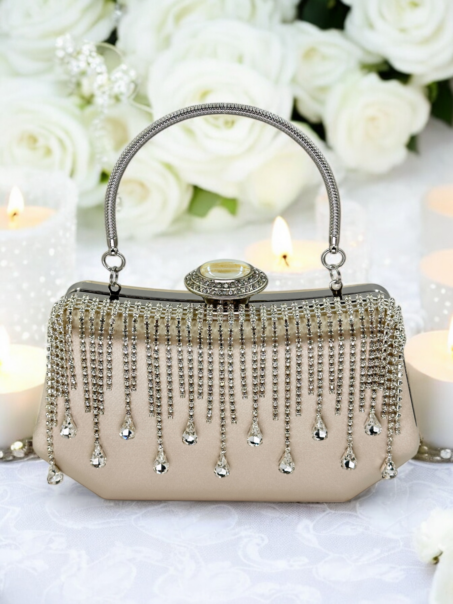 Swarovski Taşlı İnci Detaylı Lüks Saten Abiye Çanta