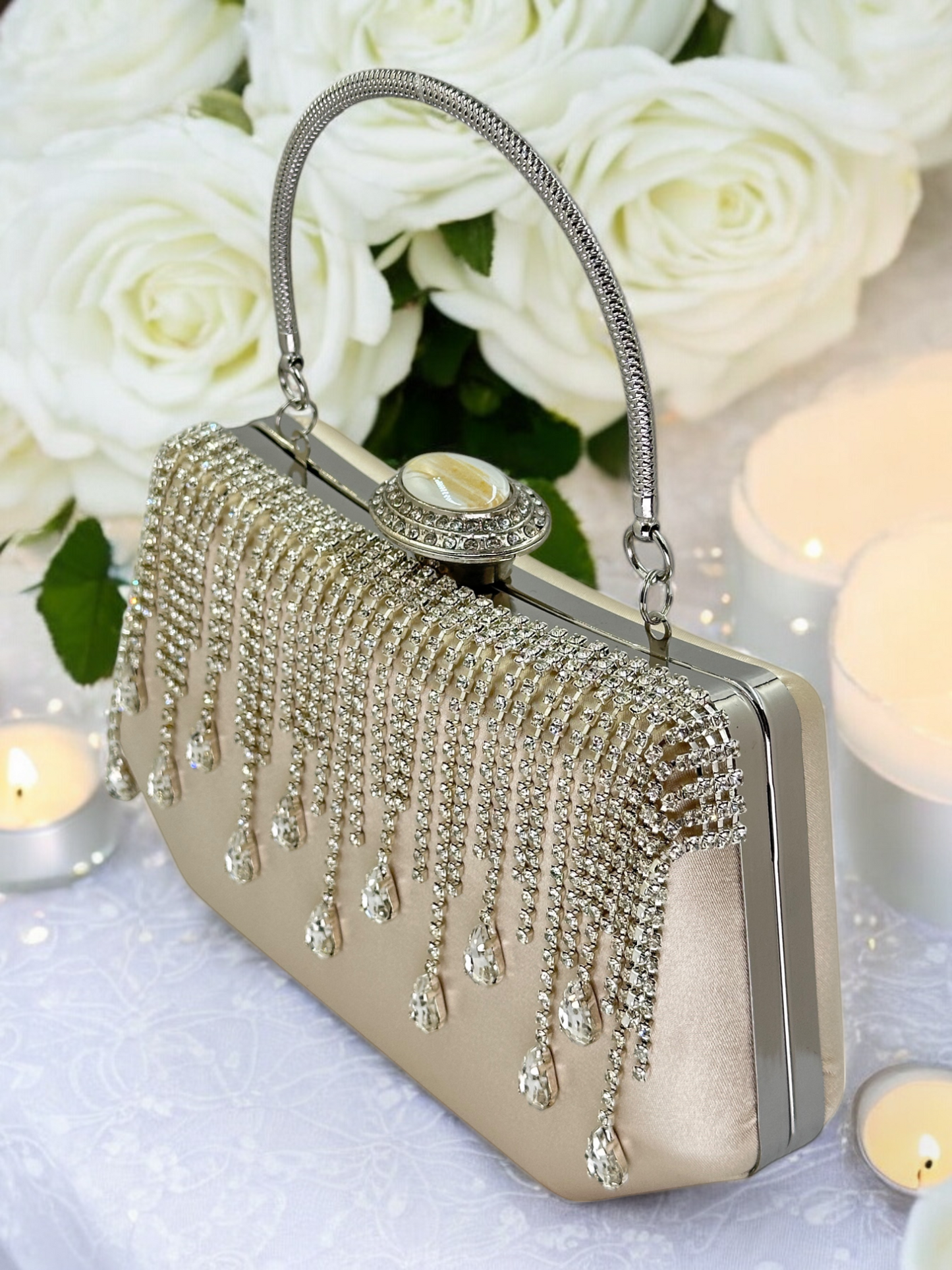 Swarovski Taşlı İnci Detaylı Lüks Saten Abiye Çanta