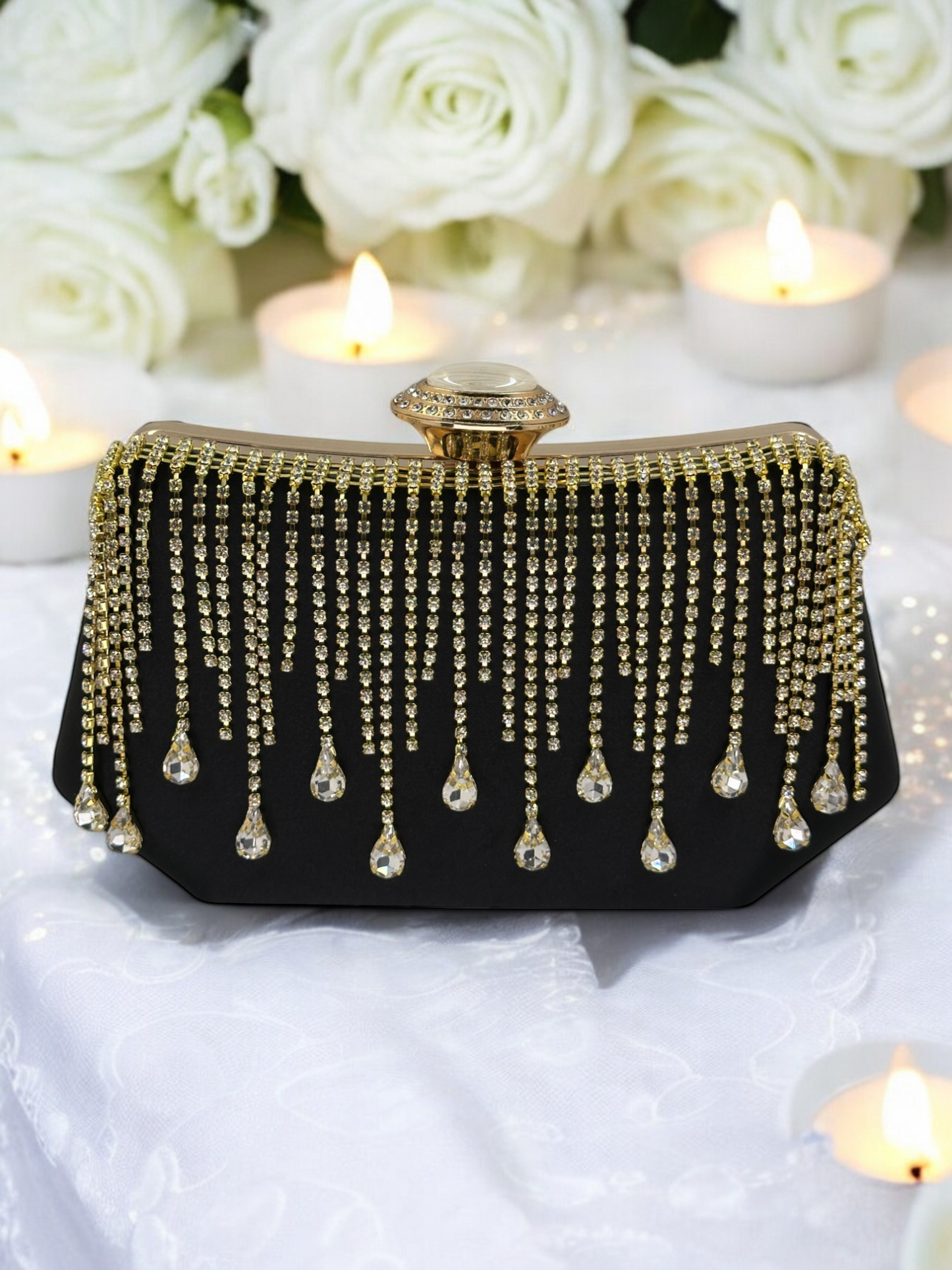 Swarovski Taşlı İnci Detaylı Lüks Saten Abiye Çanta