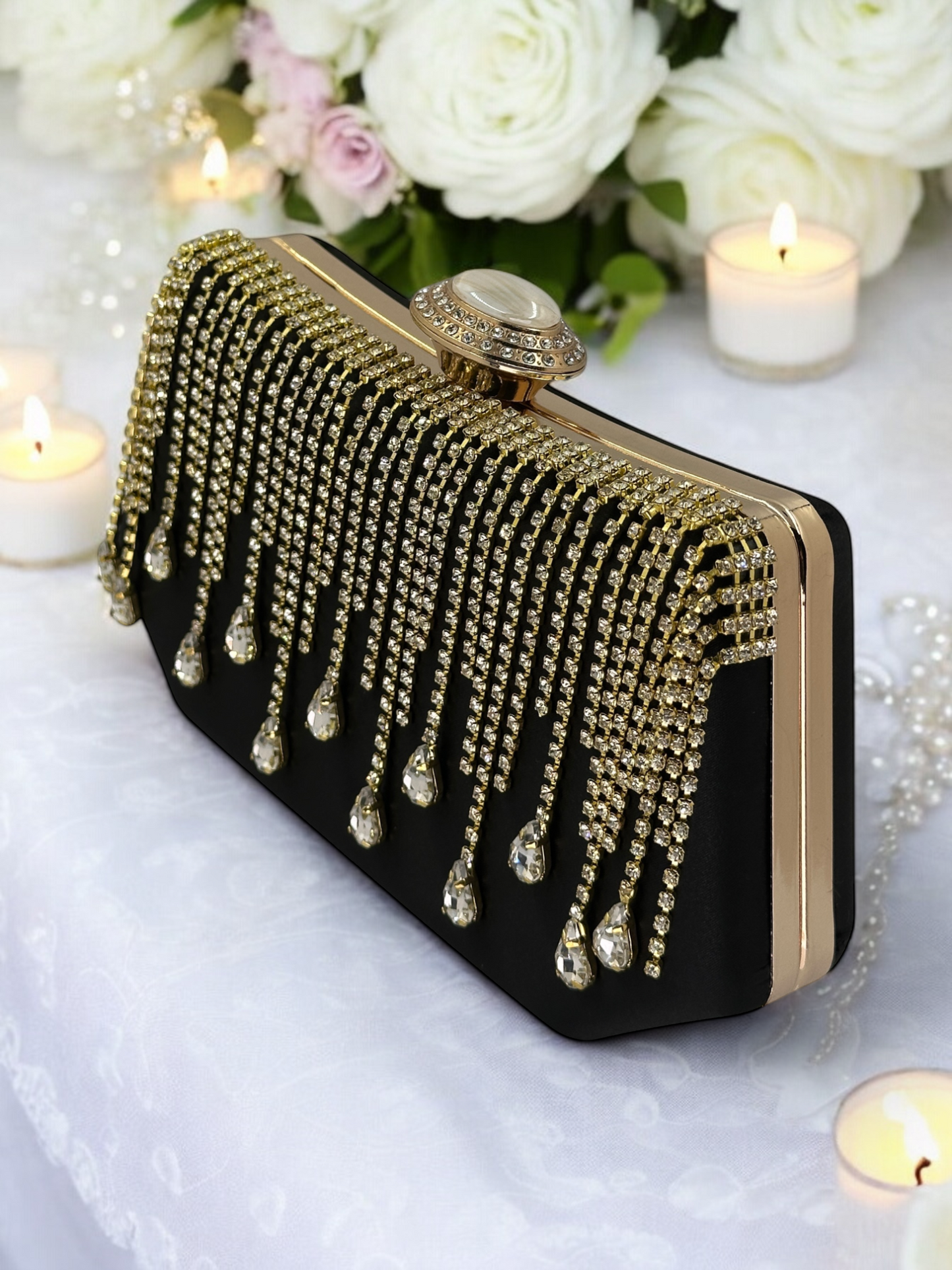 Swarovski Taşlı İnci Detaylı Lüks Saten Abiye Çanta