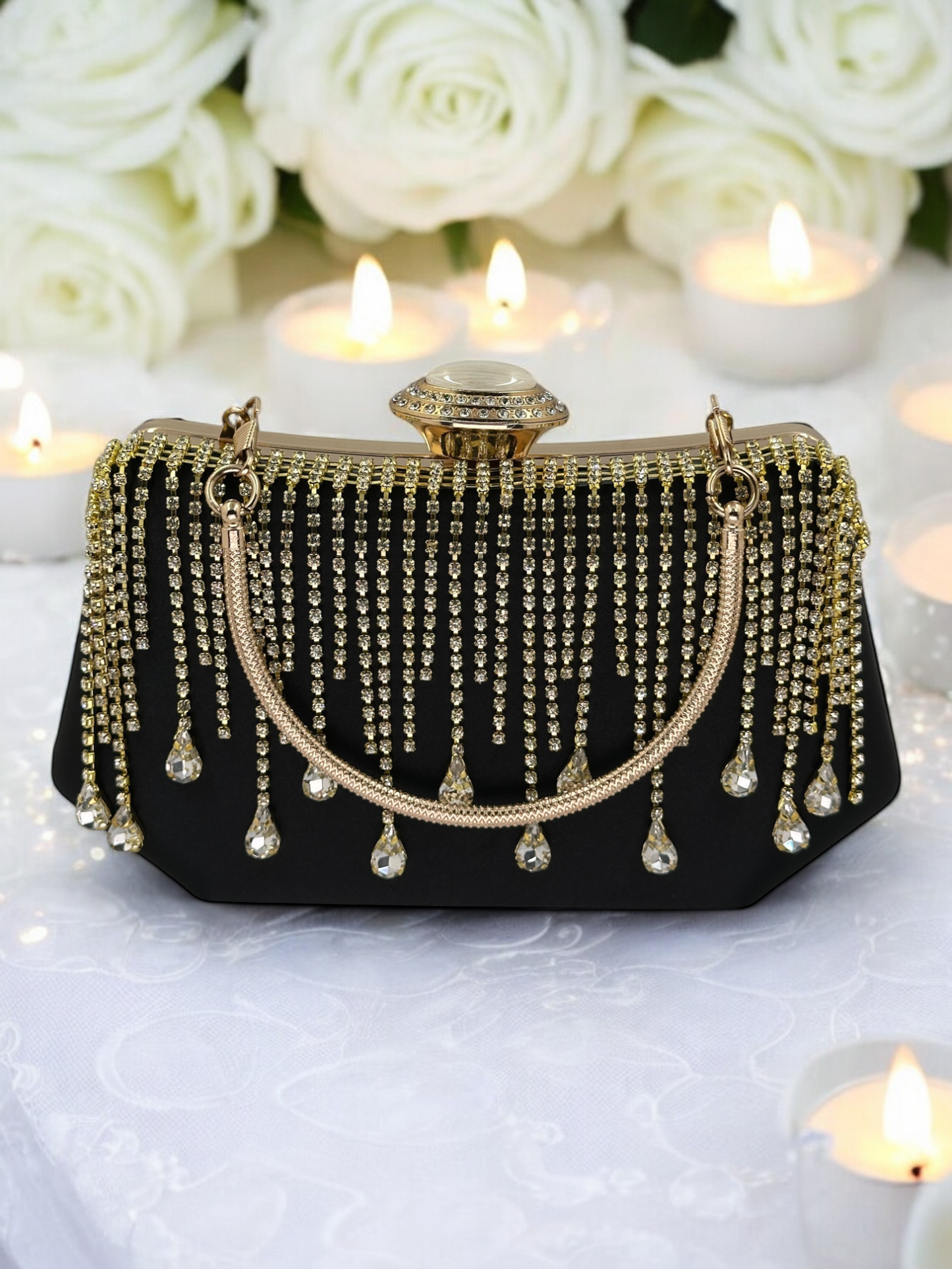 Swarovski Taşlı İnci Detaylı Lüks Saten Abiye Çanta