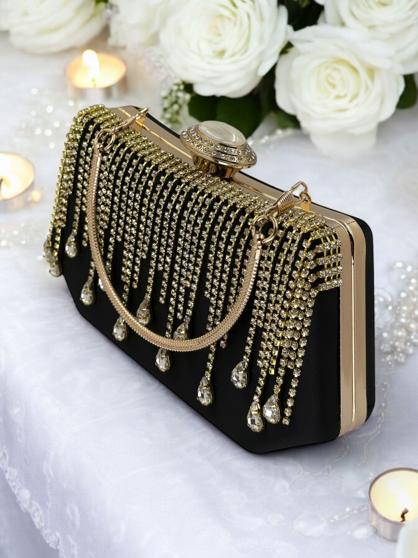 Swarovski Taşlı İnci Detaylı Lüks Saten Abiye Çanta