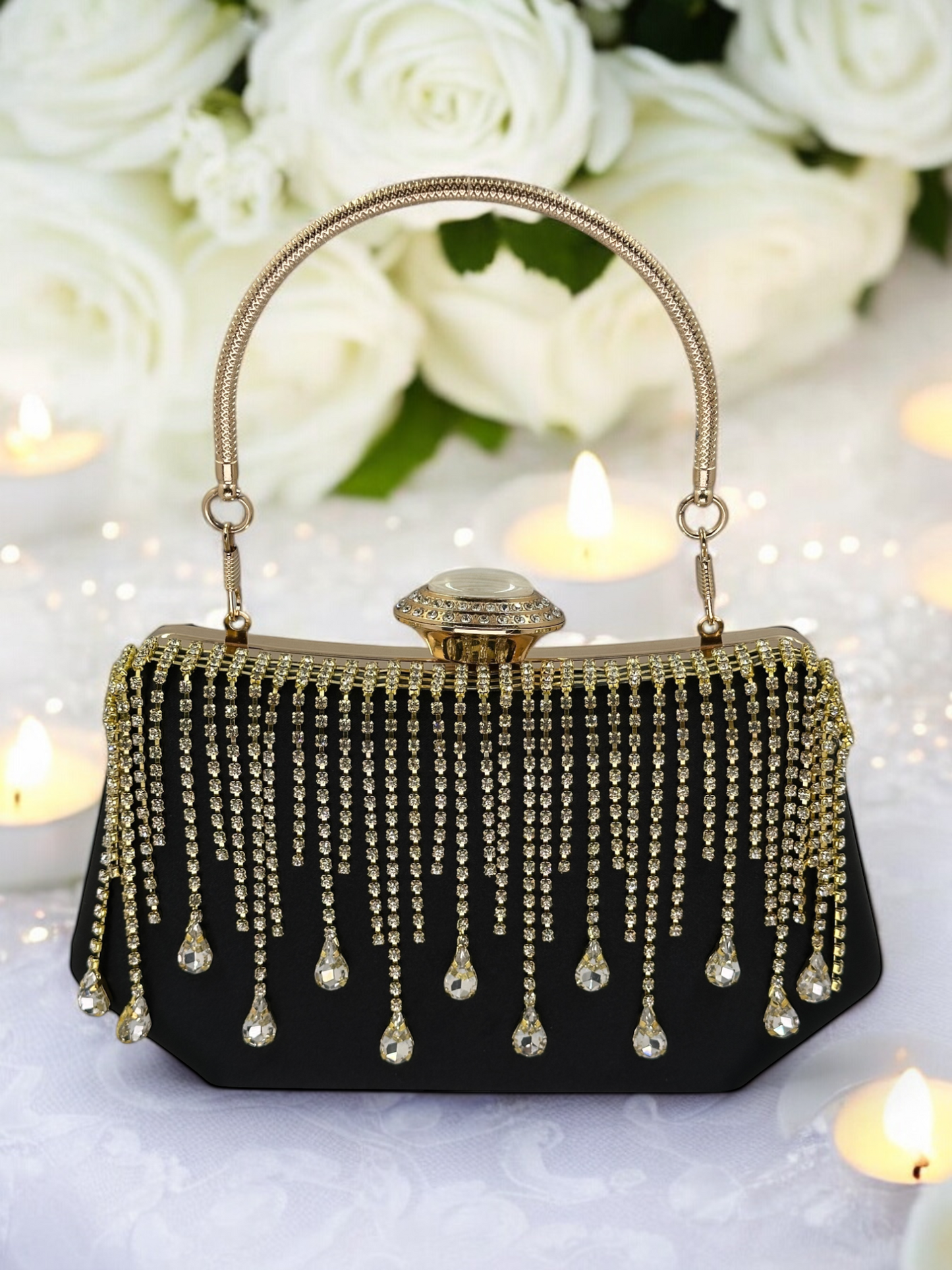 Swarovski Taşlı İnci Detaylı Lüks Saten Abiye Çanta