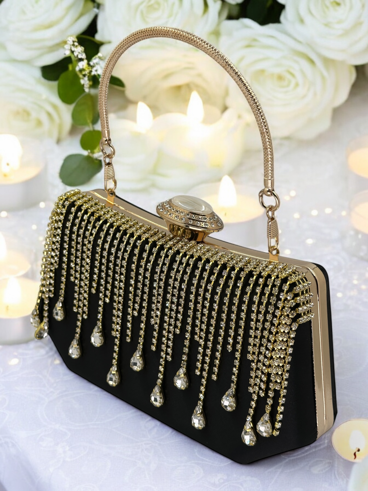 Swarovski Taşlı İnci Detaylı Lüks Saten Abiye Çanta