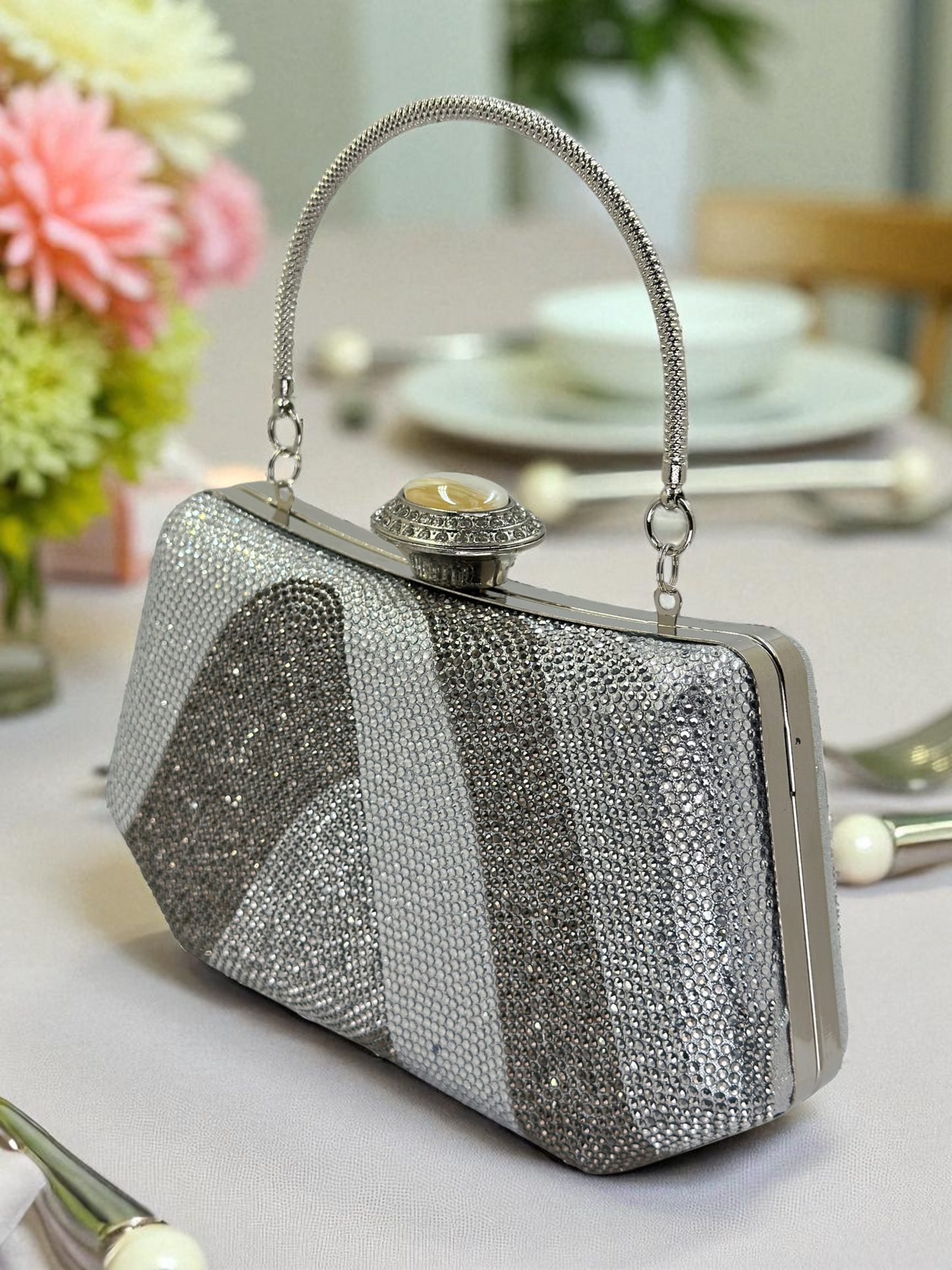 Lüks Kristal ve İnci Gece Çantası Clutch