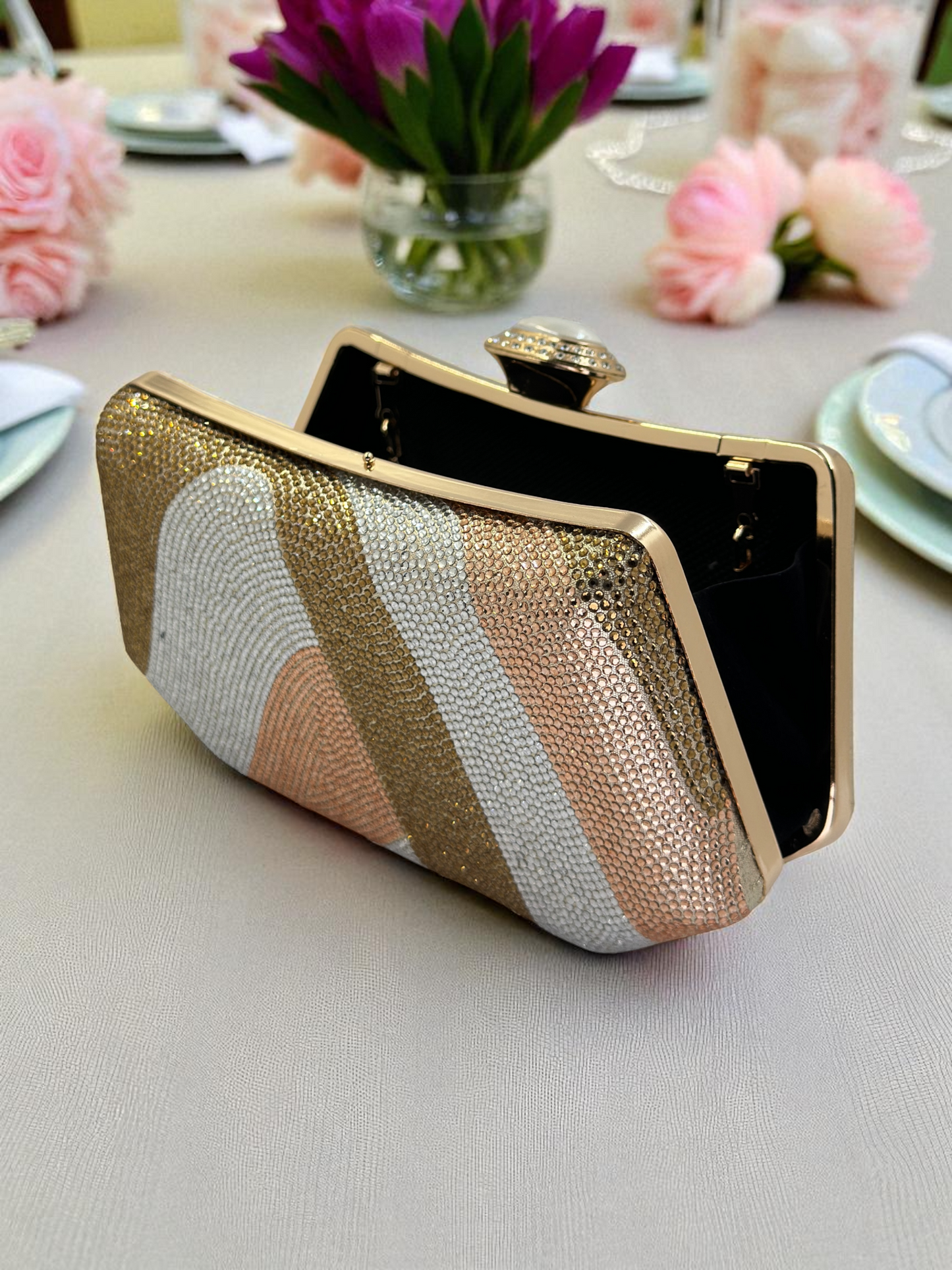 Lüks Kristal ve İnci Gece Çantası Clutch