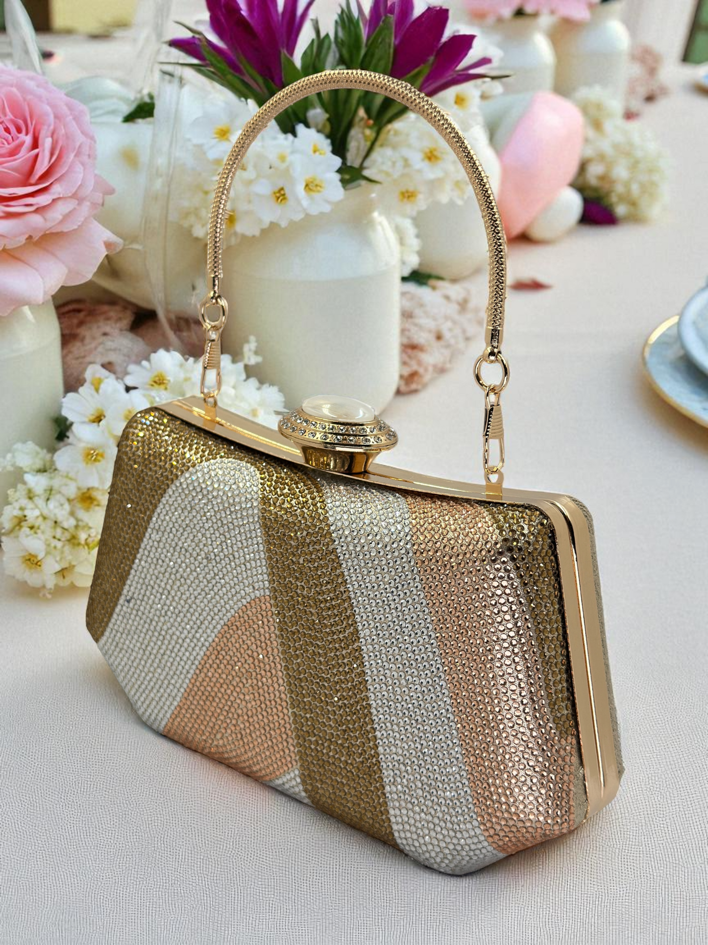 Lüks Kristal ve İnci Gece Çantası Clutch