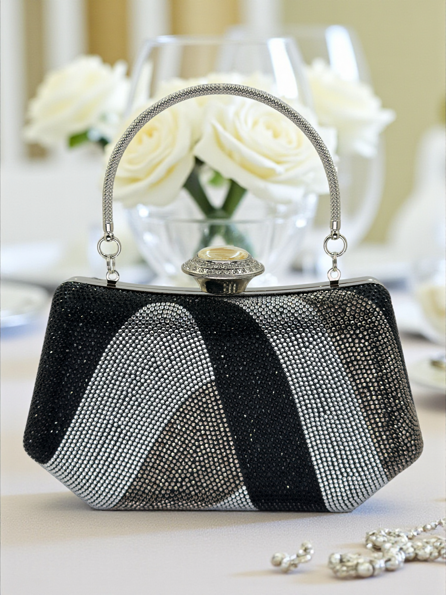 Lüks Kristal ve İnci Gece Çantası Clutch