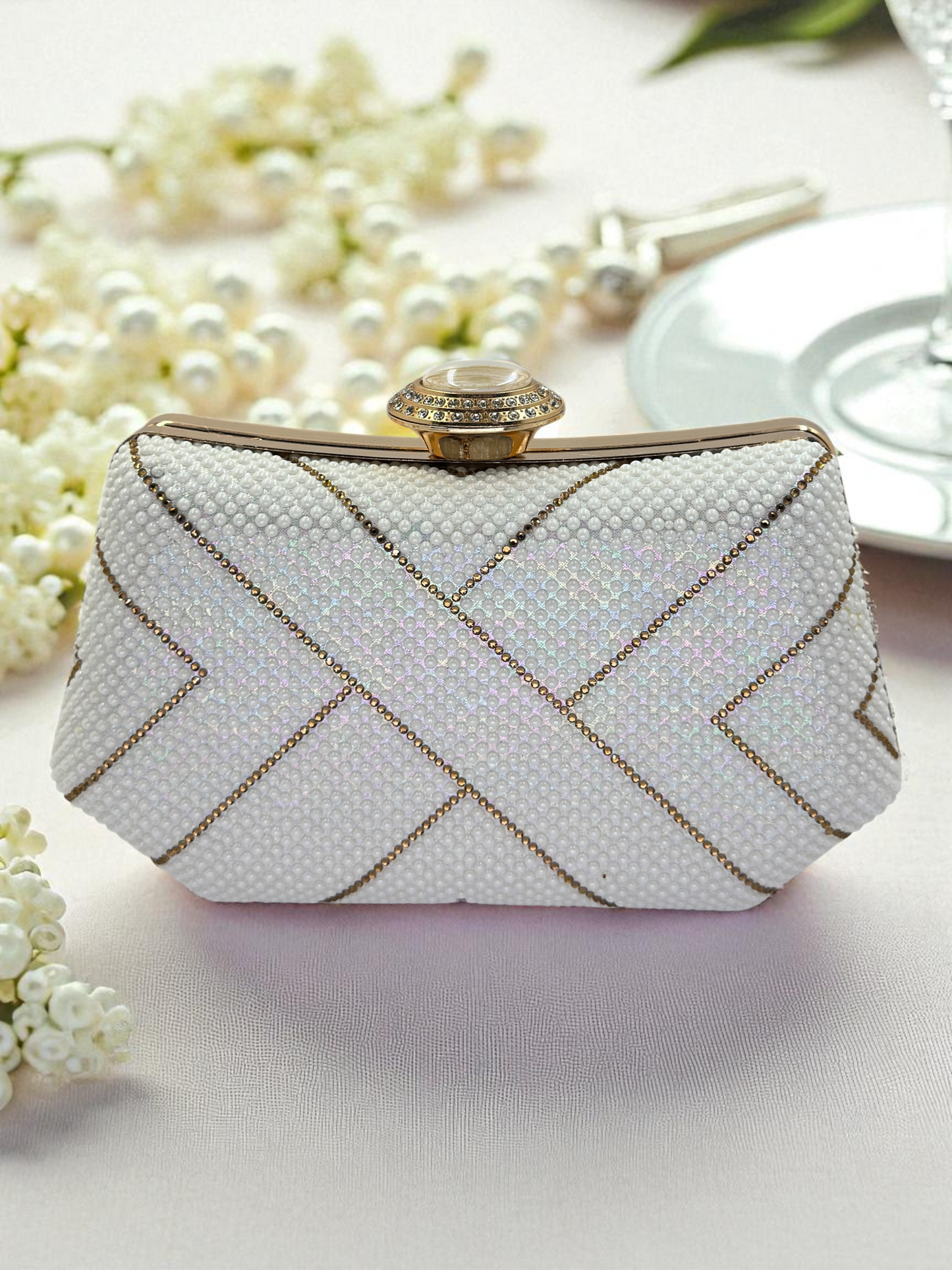 Lüks Kristal İnci Detaylı Abiye Çanta | Düğün ve Gece Clutch
