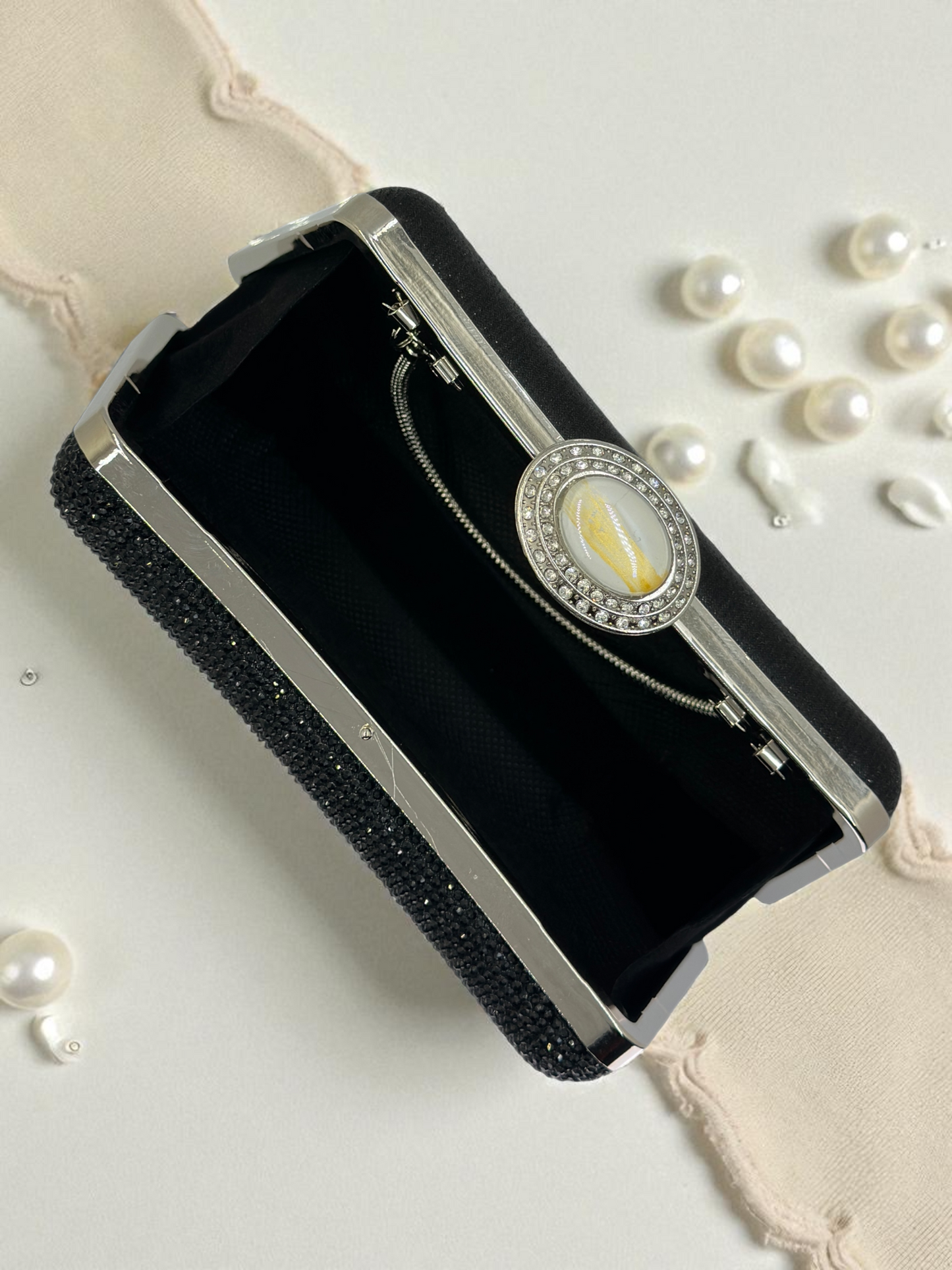 Full Kristal ve İnci Abiye Çanta | Lüks Gümüş Gece Clutch