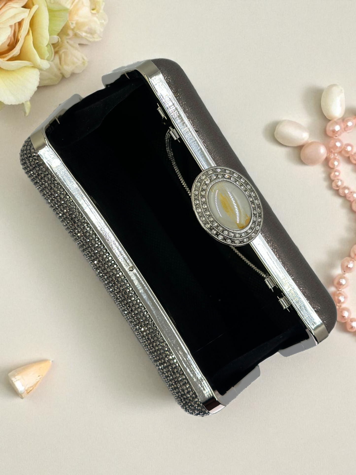 Full Kristal ve İnci Abiye Çanta | Lüks Gümüş Gece Clutch