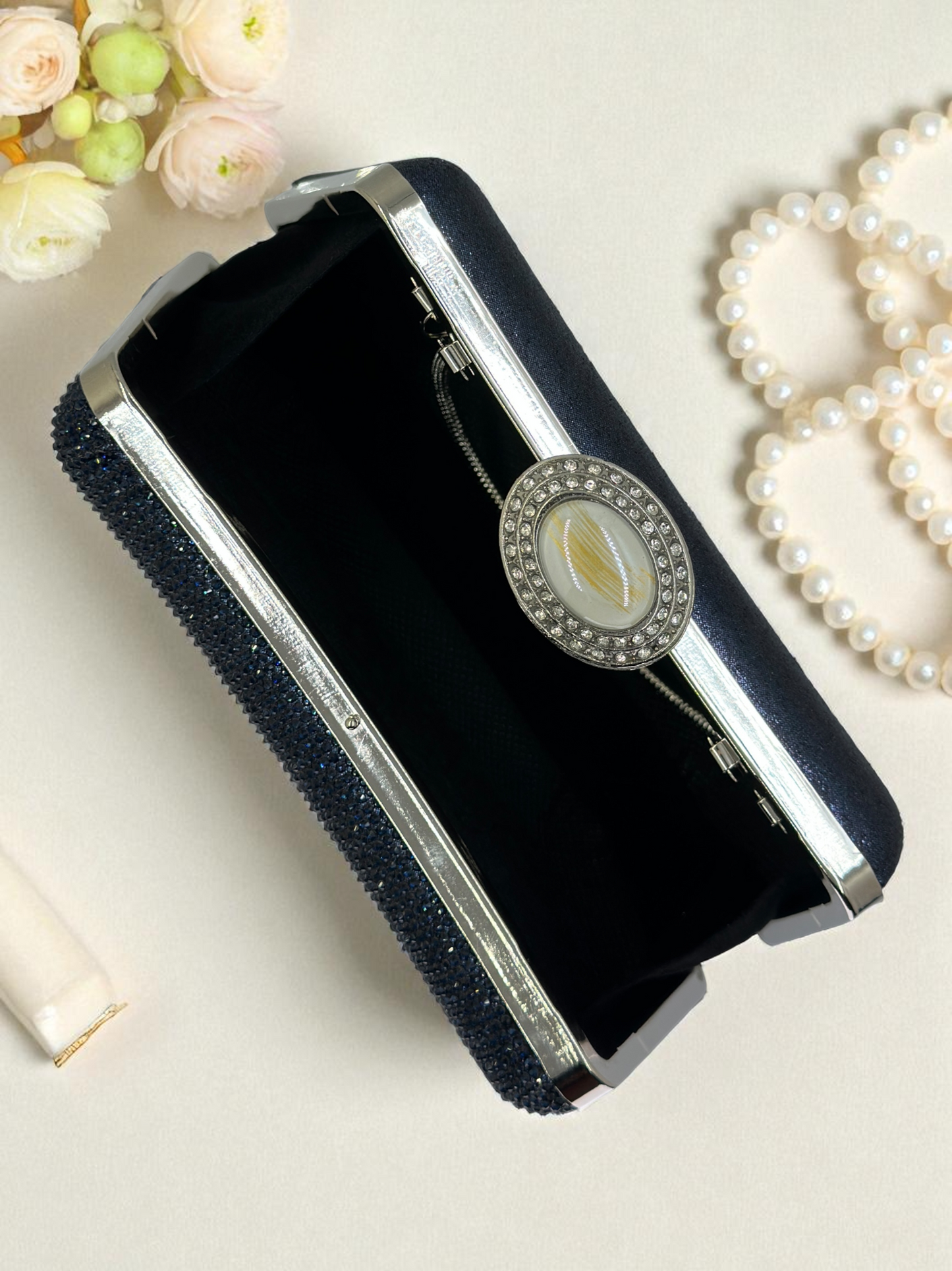 Full Kristal ve İnci Abiye Çanta | Lüks Gümüş Gece Clutch