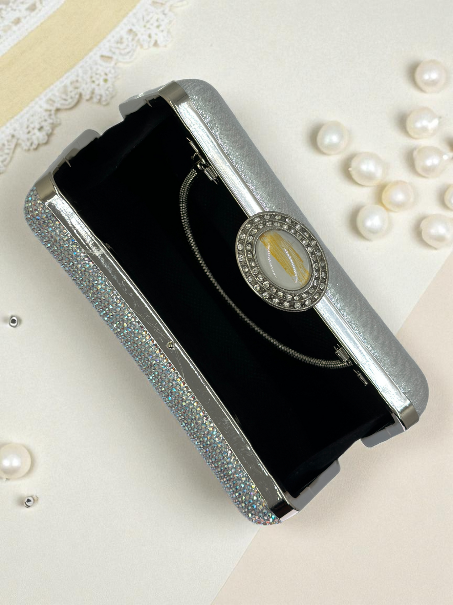 Full Kristal ve İnci Abiye Çanta | Lüks Gümüş Gece Clutch