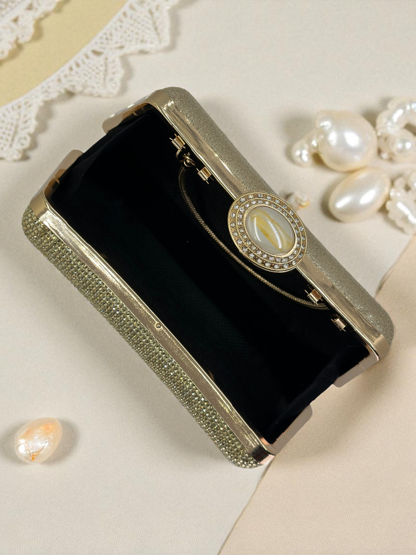 Full Kristal ve İnci Abiye Çanta | Lüks Gümüş Gece Clutch