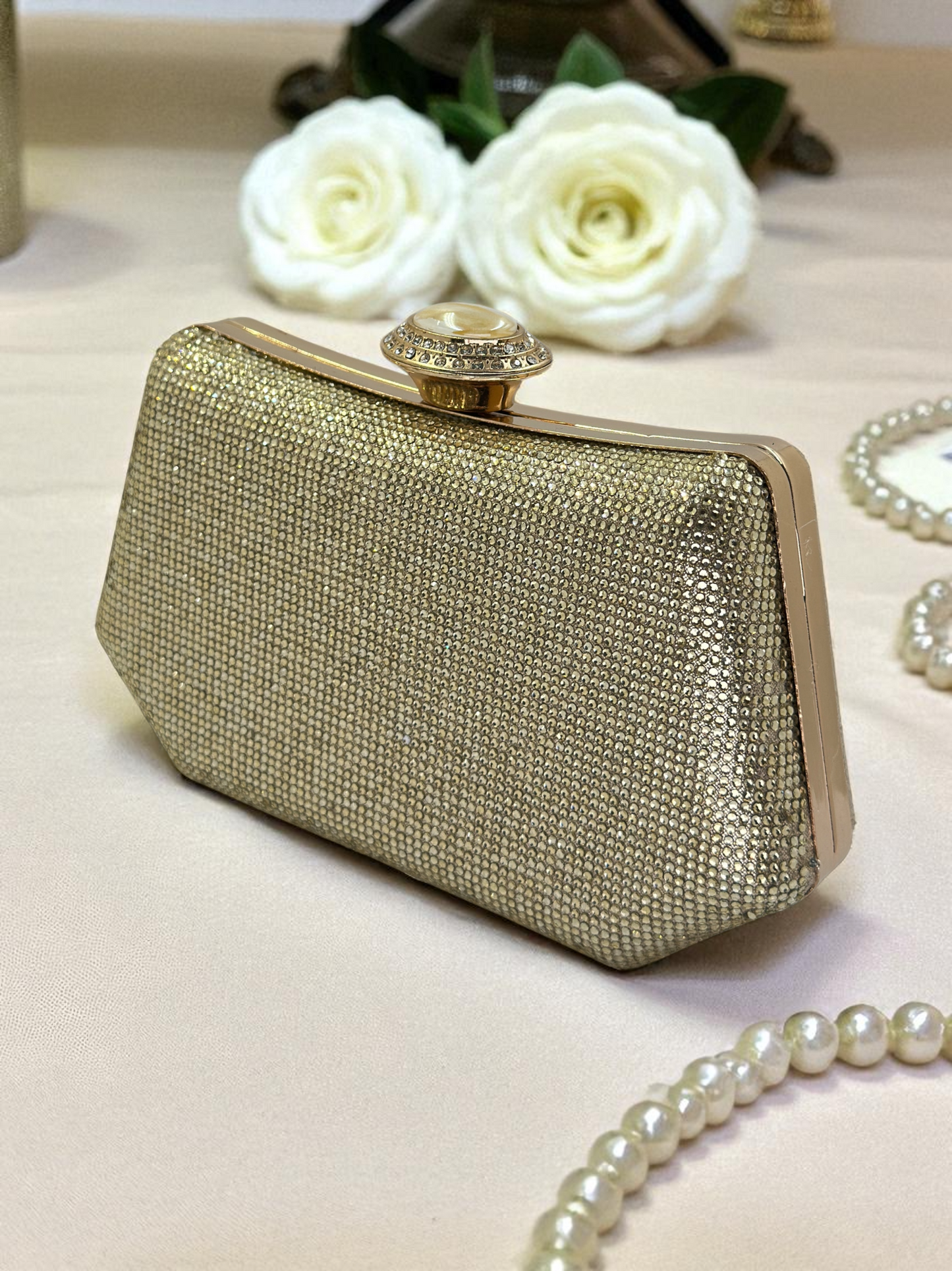 Full Kristal ve İnci Abiye Çanta | Lüks Gümüş Gece Clutch