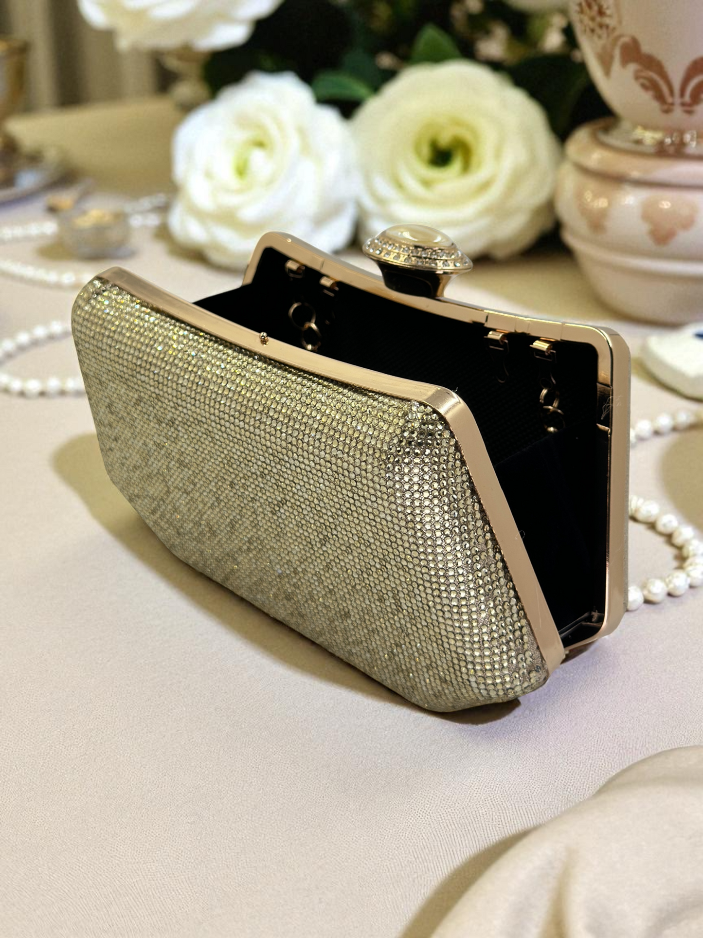 Full Kristal ve İnci Abiye Çanta | Lüks Gümüş Gece Clutch