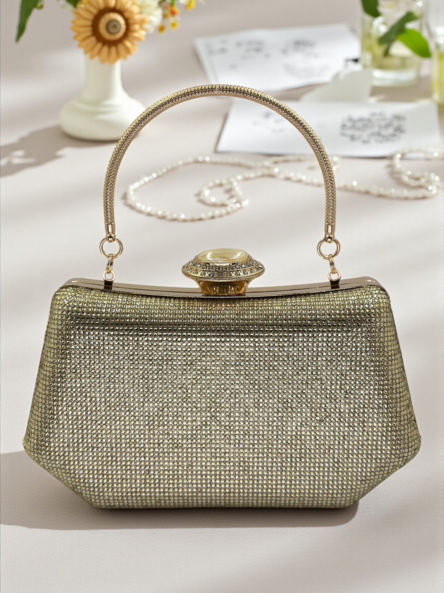 Full Kristal ve İnci Abiye Çanta | Lüks Gümüş Gece Clutch