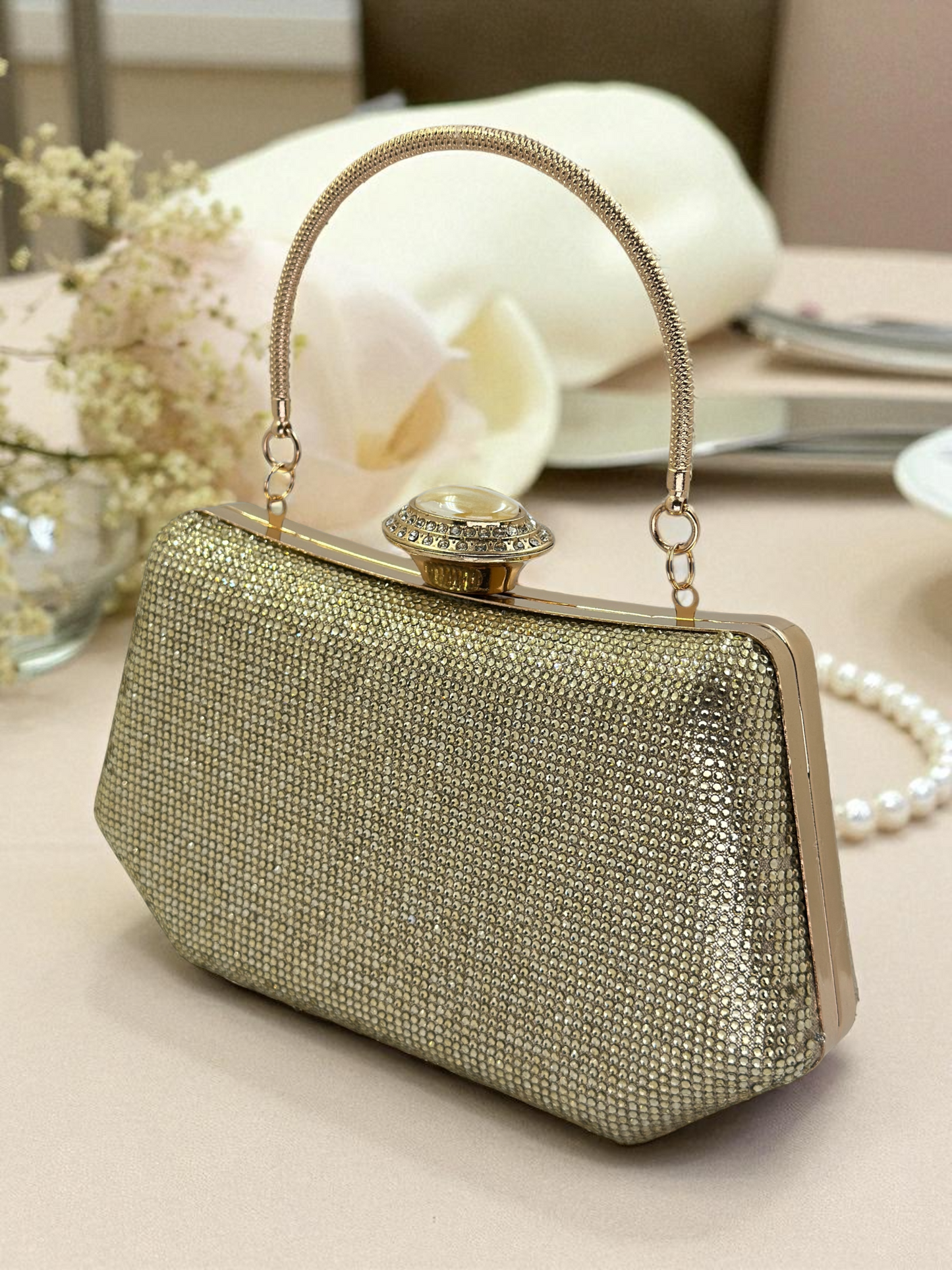 Full Kristal ve İnci Abiye Çanta | Lüks Gümüş Gece Clutch