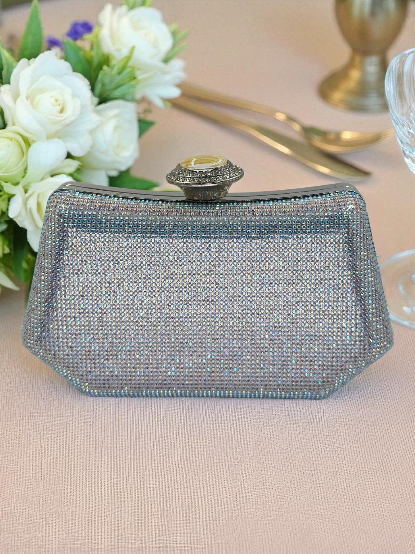 Full Kristal ve İnci Abiye Çanta | Lüks Gümüş Gece Clutch