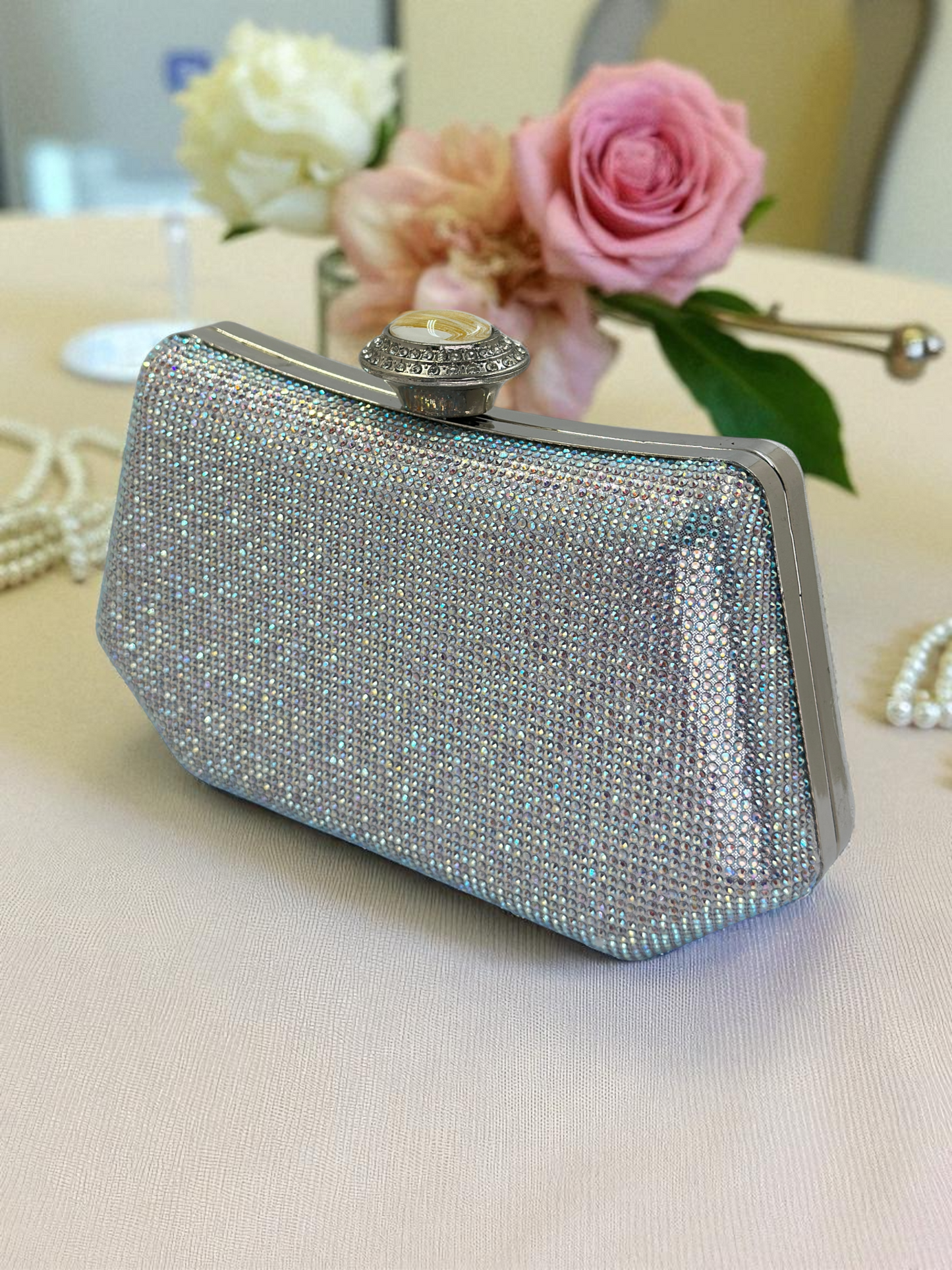 Full Kristal ve İnci Abiye Çanta | Lüks Gümüş Gece Clutch