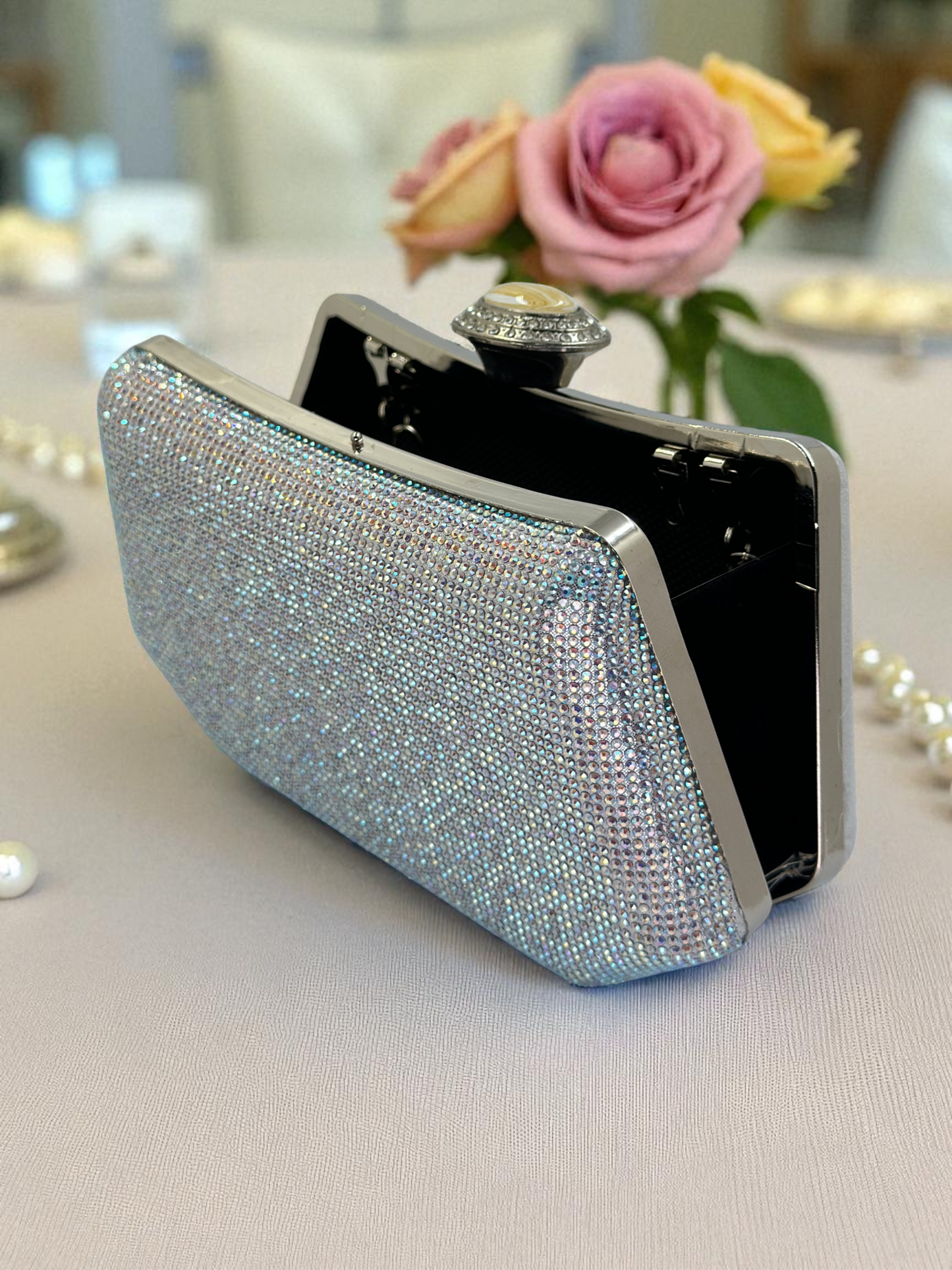 Full Kristal ve İnci Abiye Çanta | Lüks Gümüş Gece Clutch