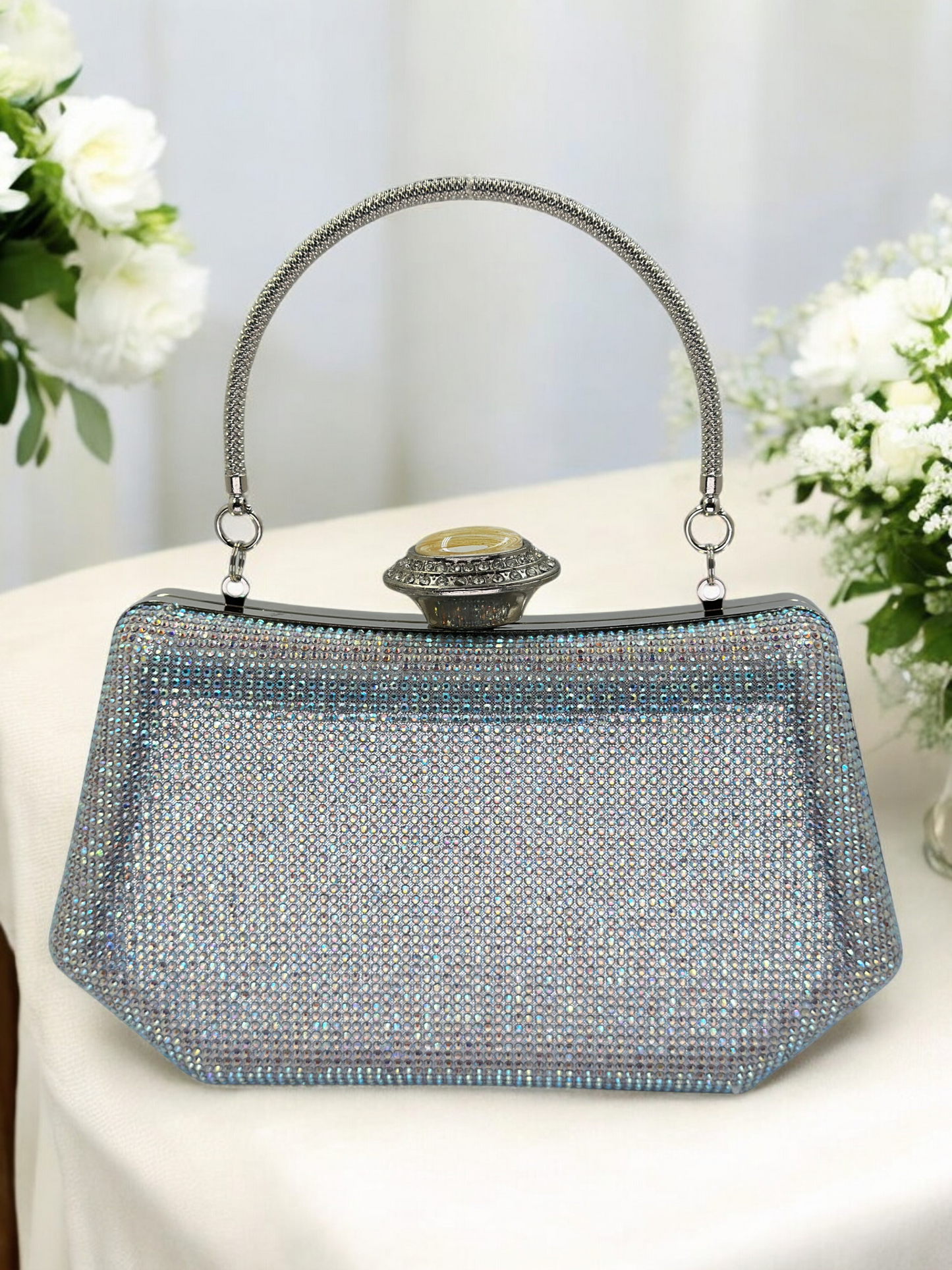 Full Kristal ve İnci Abiye Çanta | Lüks Gümüş Gece Clutch