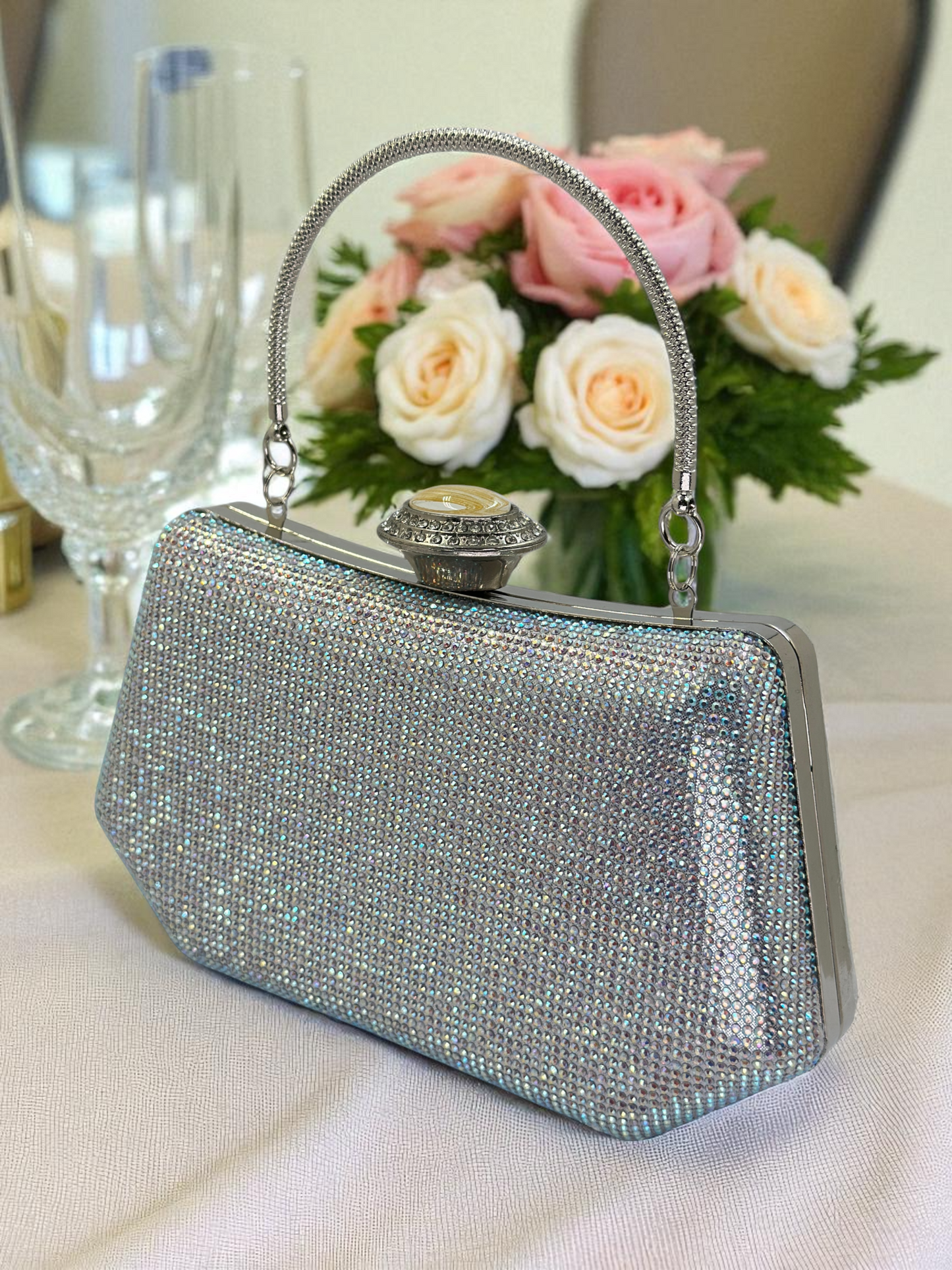 Full Kristal ve İnci Abiye Çanta | Lüks Gümüş Gece Clutch