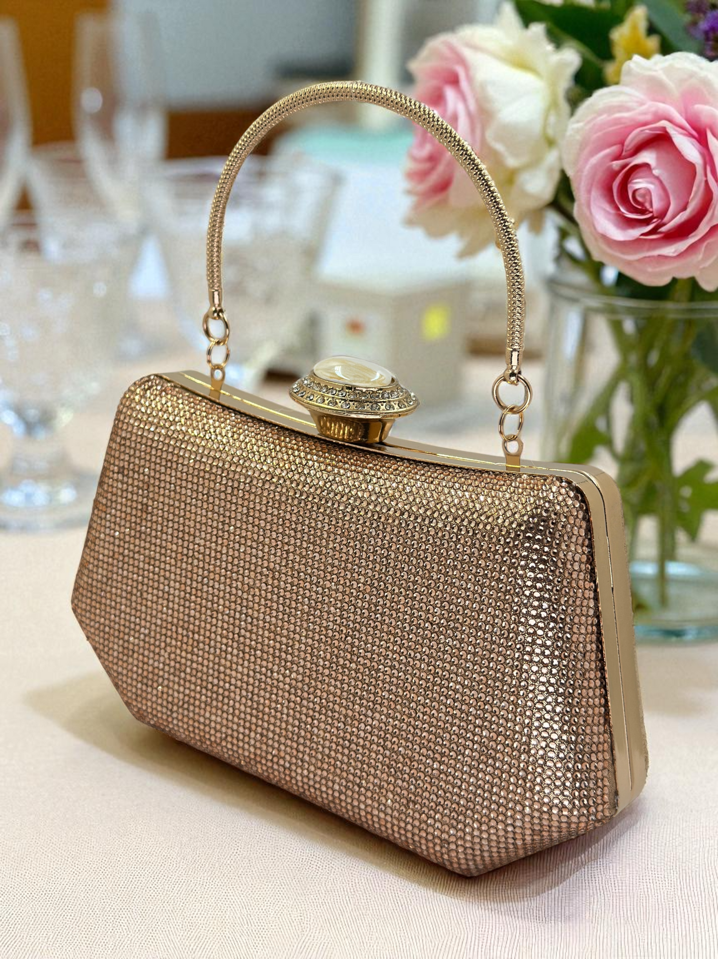 Full Kristal ve İnci Abiye Çanta | Lüks Gümüş Gece Clutch