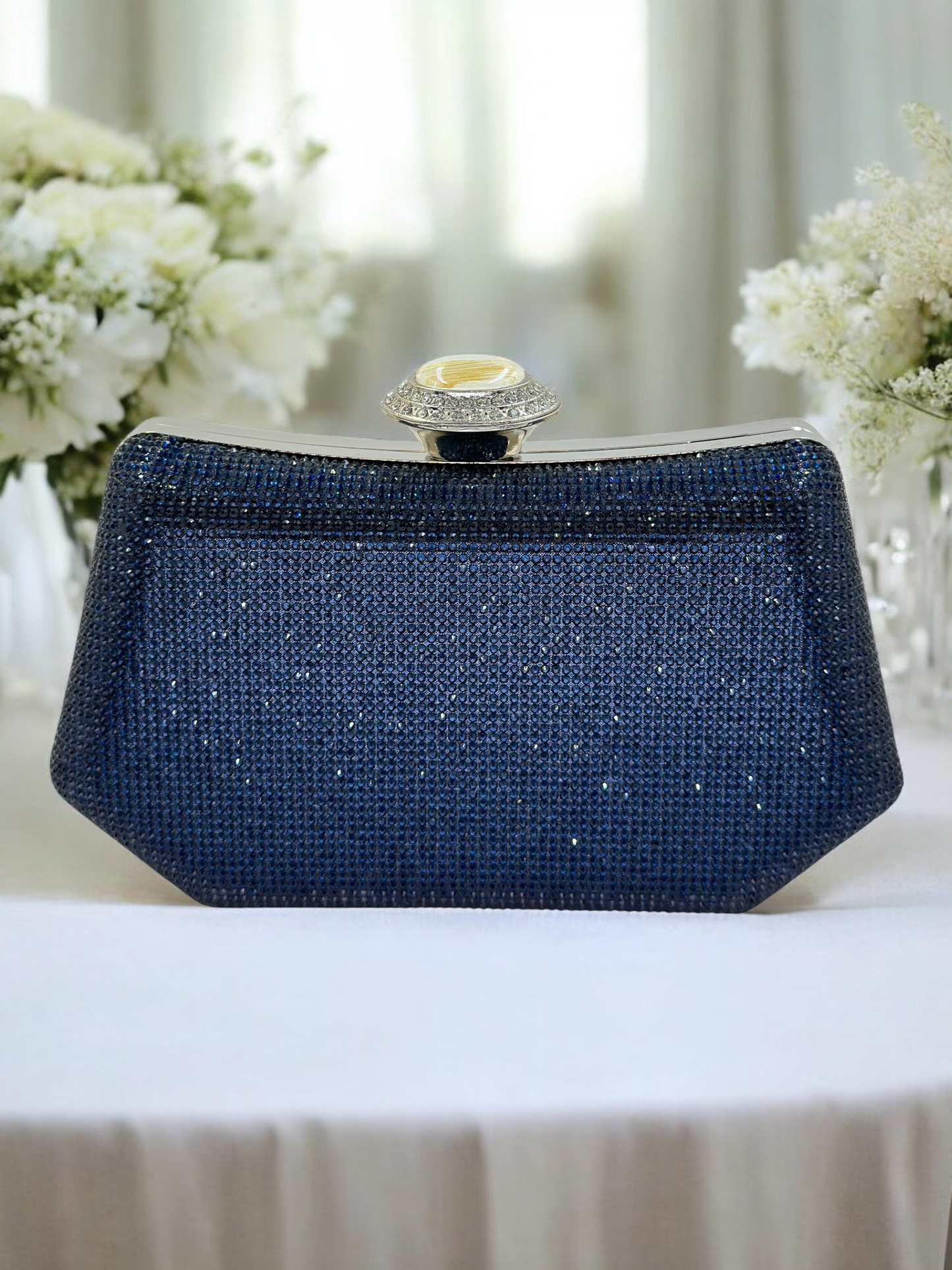Full Kristal ve İnci Abiye Çanta | Lüks Gümüş Gece Clutch