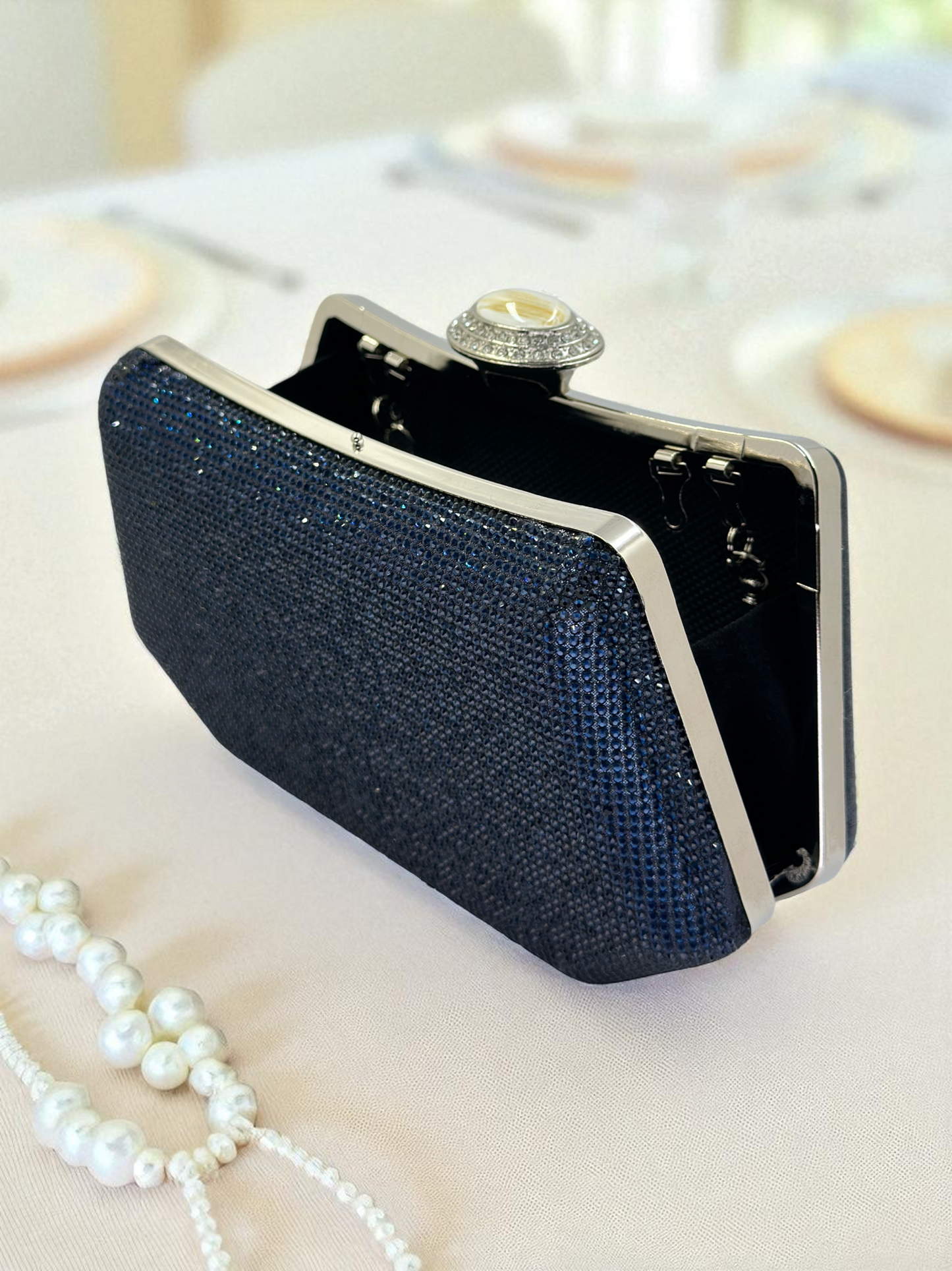 Full Kristal ve İnci Abiye Çanta | Lüks Gümüş Gece Clutch